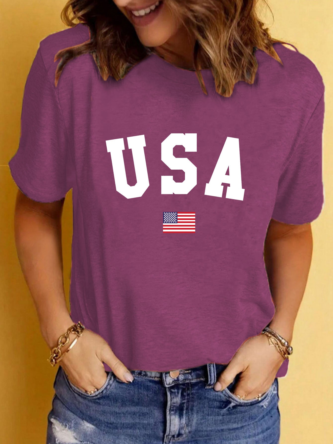 USA Pattern Printed Round Neck Short Sleeve T-shirt