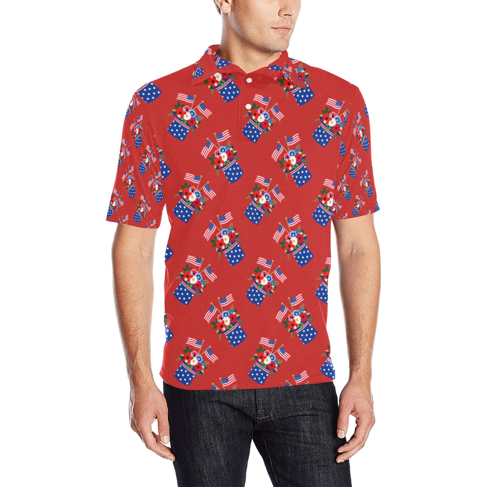Red White Blue Celebration Men's All Over Print Polo Shirt Free Shipping USA