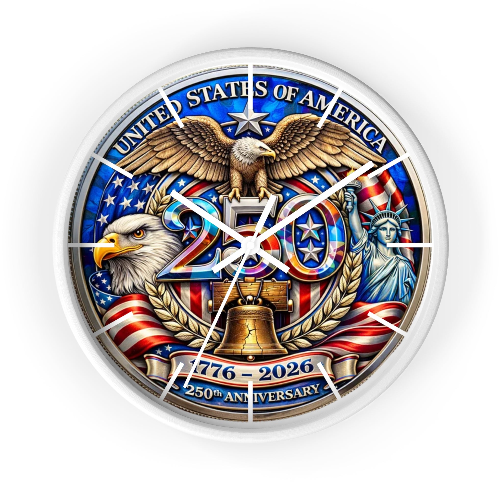 250th Anniversary USA Emblem Wall Clock | Eagle, Liberty Bell, Stars & Stripes
