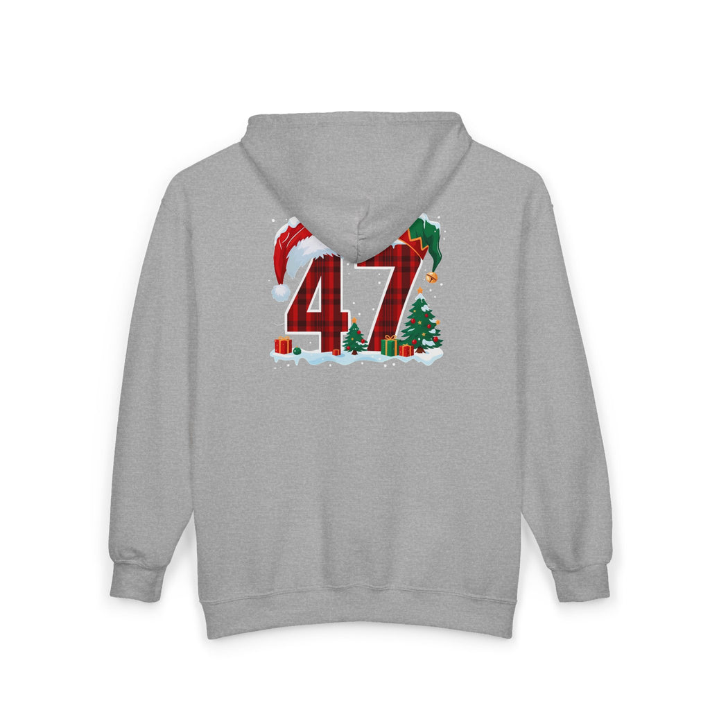 Trump 47 Christmas Zip Hoodie | Holiday Santa Hat & Elf Hat Design