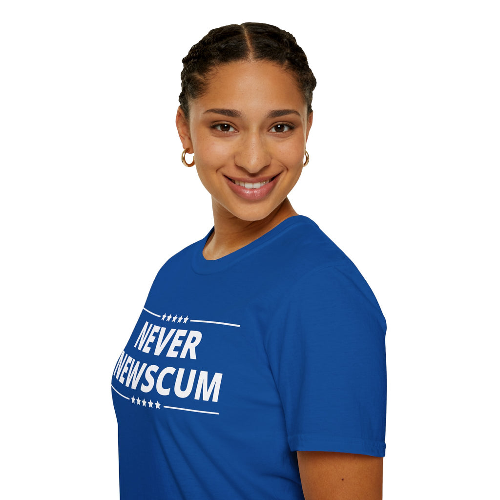 Never NewScum Mens Womans Softstyle T-Shirt, Funny Graphic Tee, Statement Shirt, Casual Wear, Gift for Friends, Political NeverNewScum.com