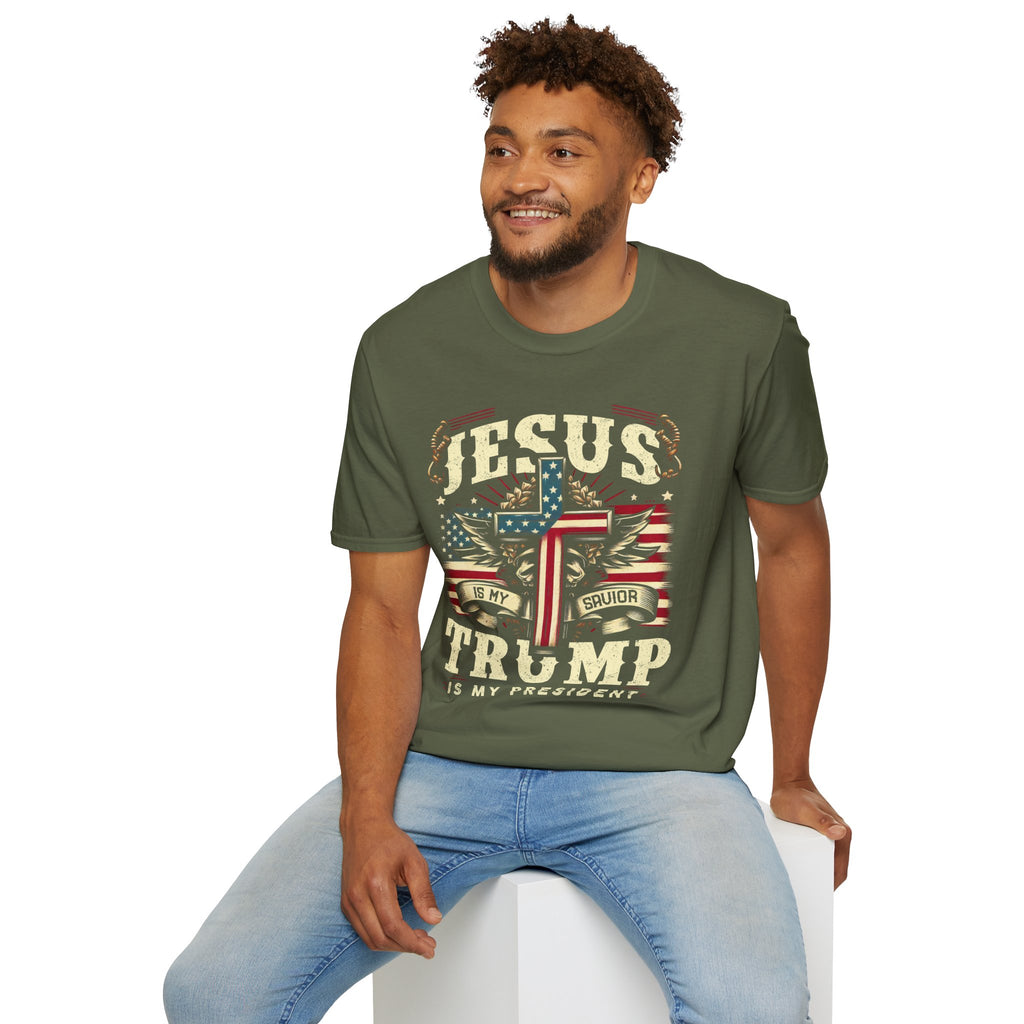 Jesus Cross Flag T-Shirt — "Jesus Is My Savior, Trump Is My President" Patriotic Christian Tee
