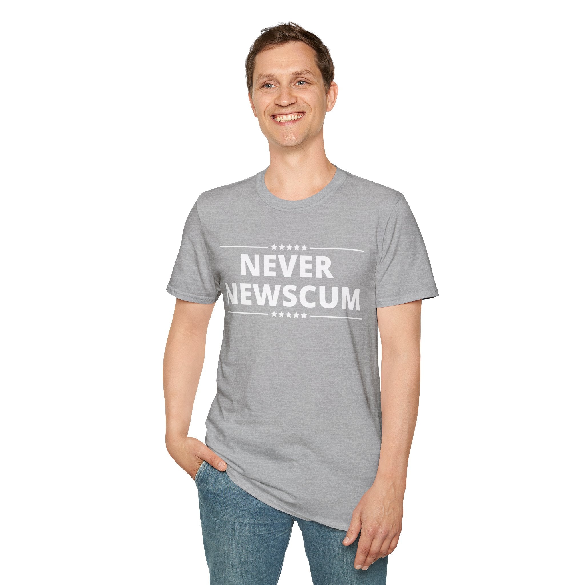 Never NewScum Mens Womans Softstyle T-Shirt, Funny Graphic Tee, Statement Shirt, Casual Wear, Gift for Friends, Political NeverNewScum.com