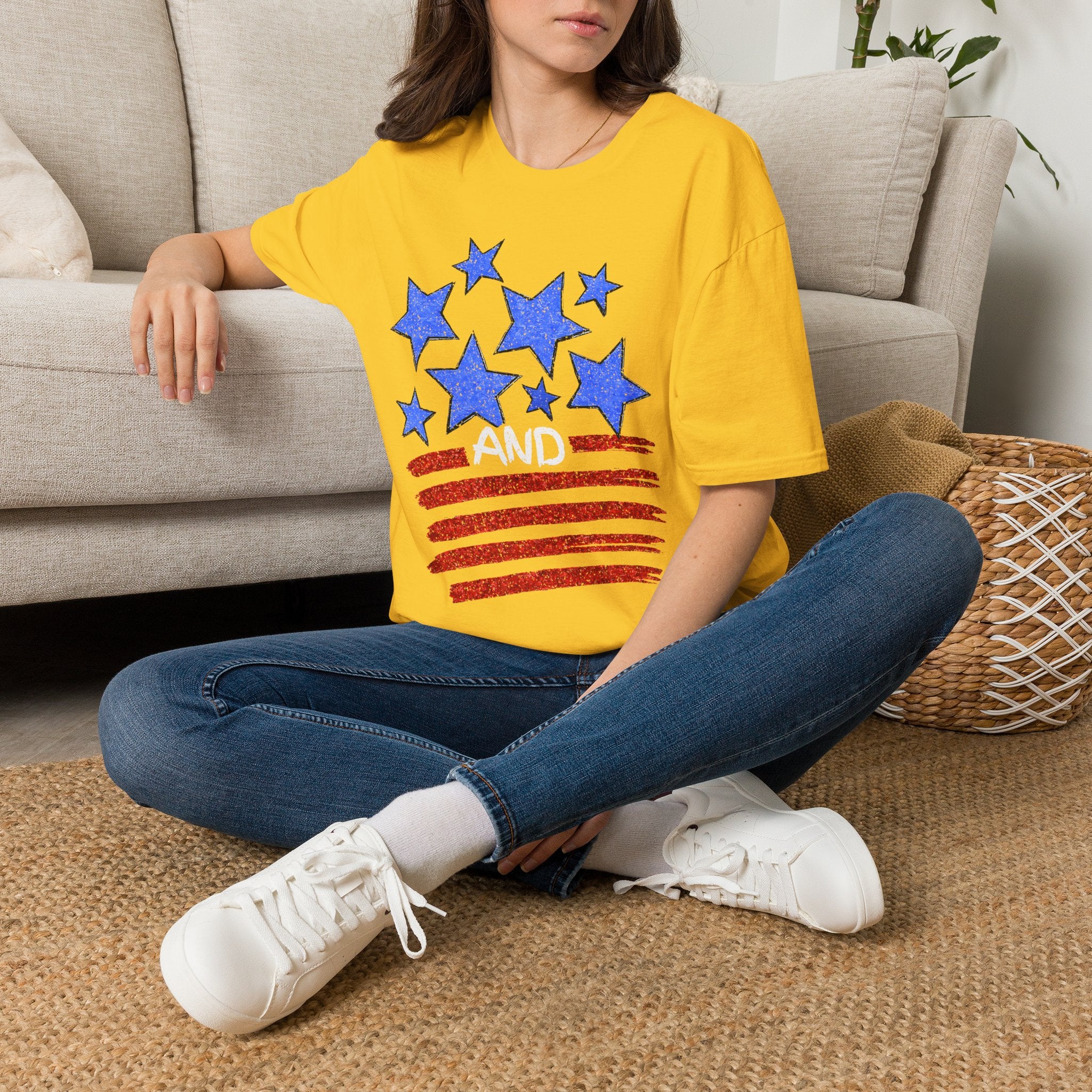 Patriotic Blue Stars Red Strips Graphic Tee (Fourth of July, Americana) T-Shirt