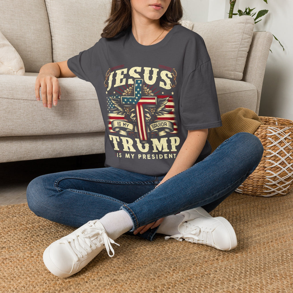 Jesus Cross Flag T-Shirt — "Jesus Is My Savior, Trump Is My President" Patriotic Christian Tee