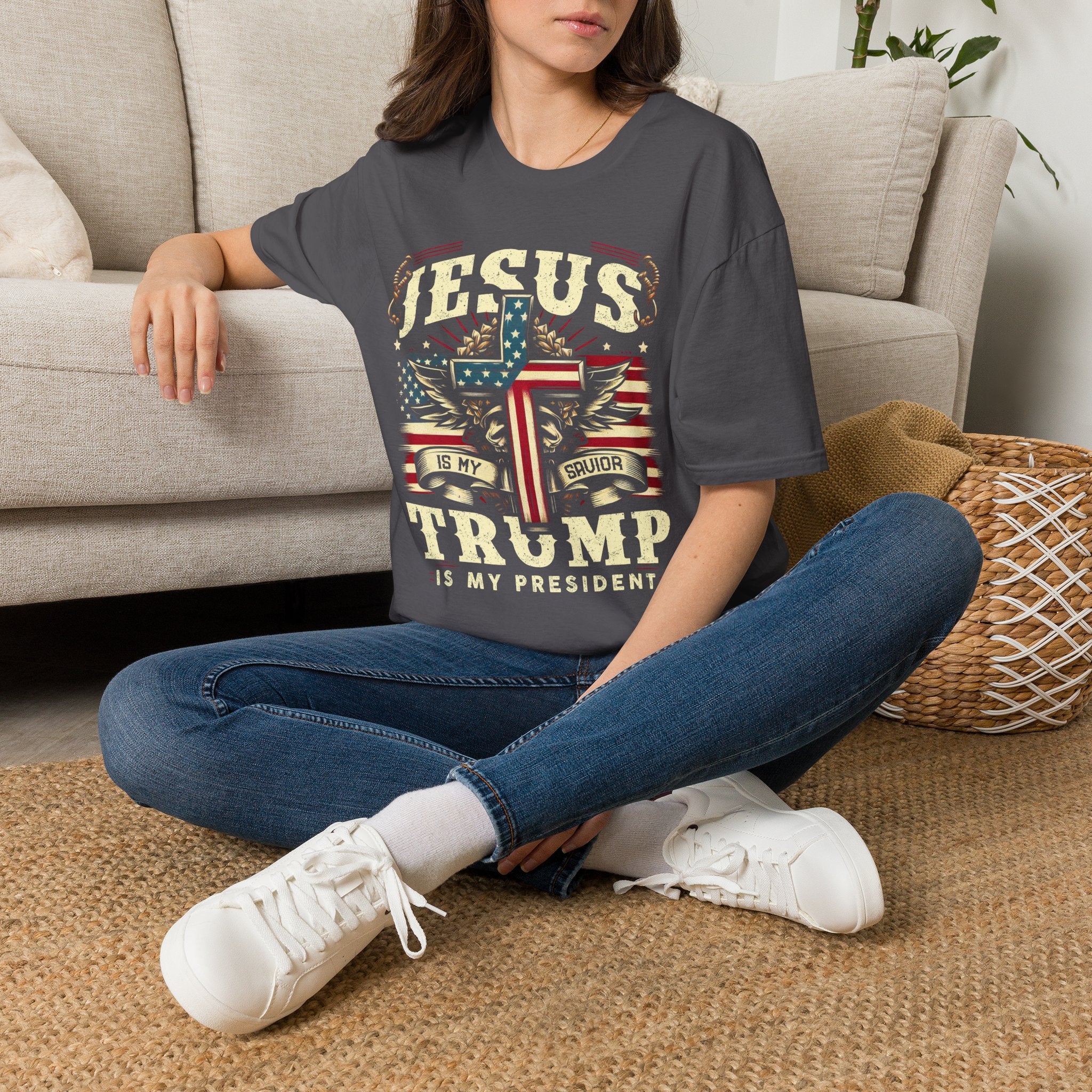 Jesus Cross Flag T-Shirt — "Jesus Is My Savior, Trump Is My President" Patriotic Christian Tee