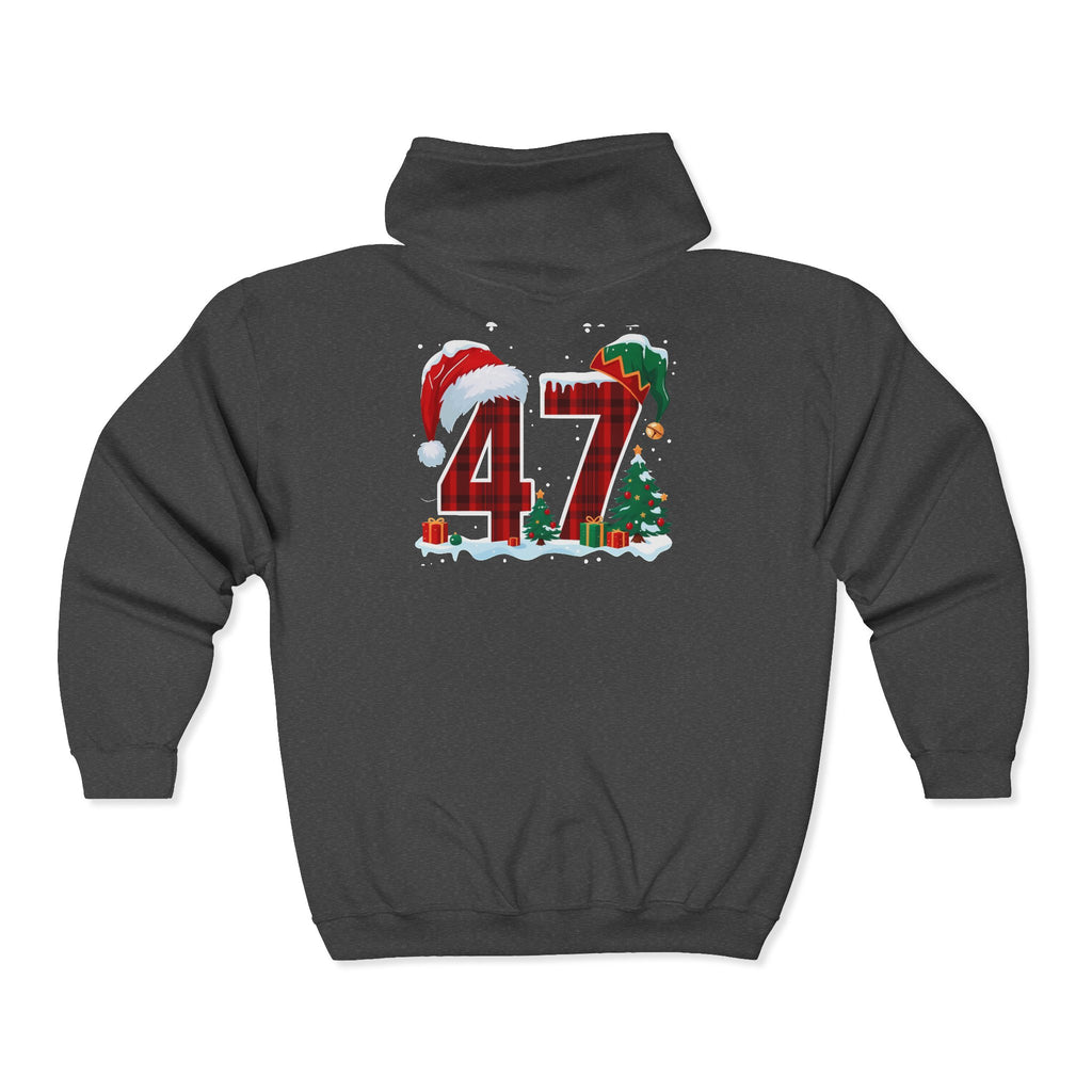 Trump 47 Christmas Zip Hoodie | Holiday Santa Hat & Elf Hat Design
