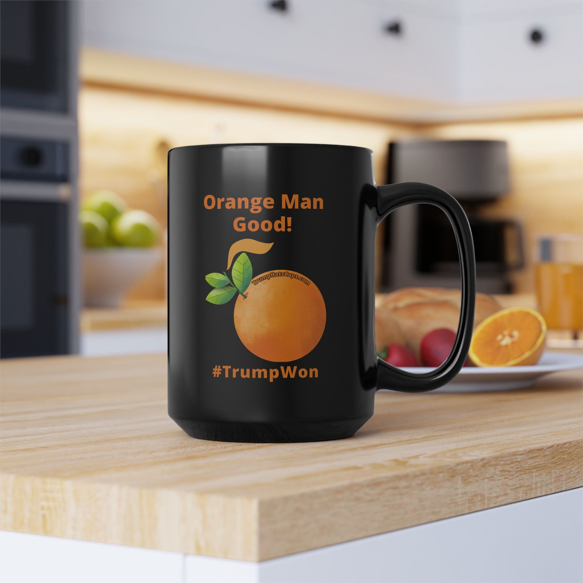 Political Coffee Mug — "Orange Man Good! #TrumpWon" 15oz Black Ceramic