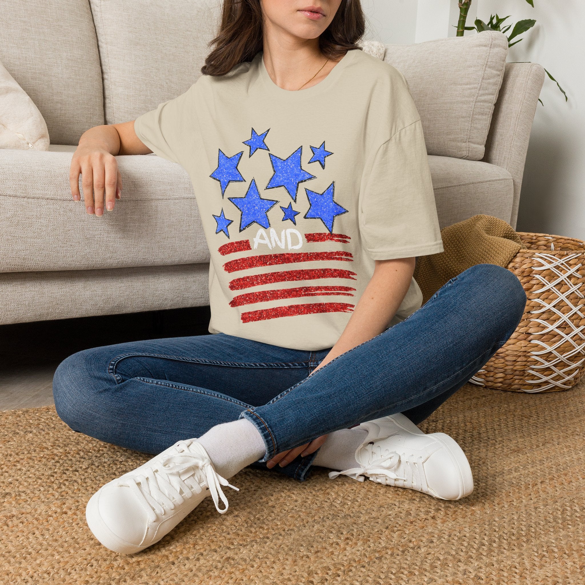 Patriotic Blue Stars Red Strips Graphic Tee (Fourth of July, Americana) T-Shirt