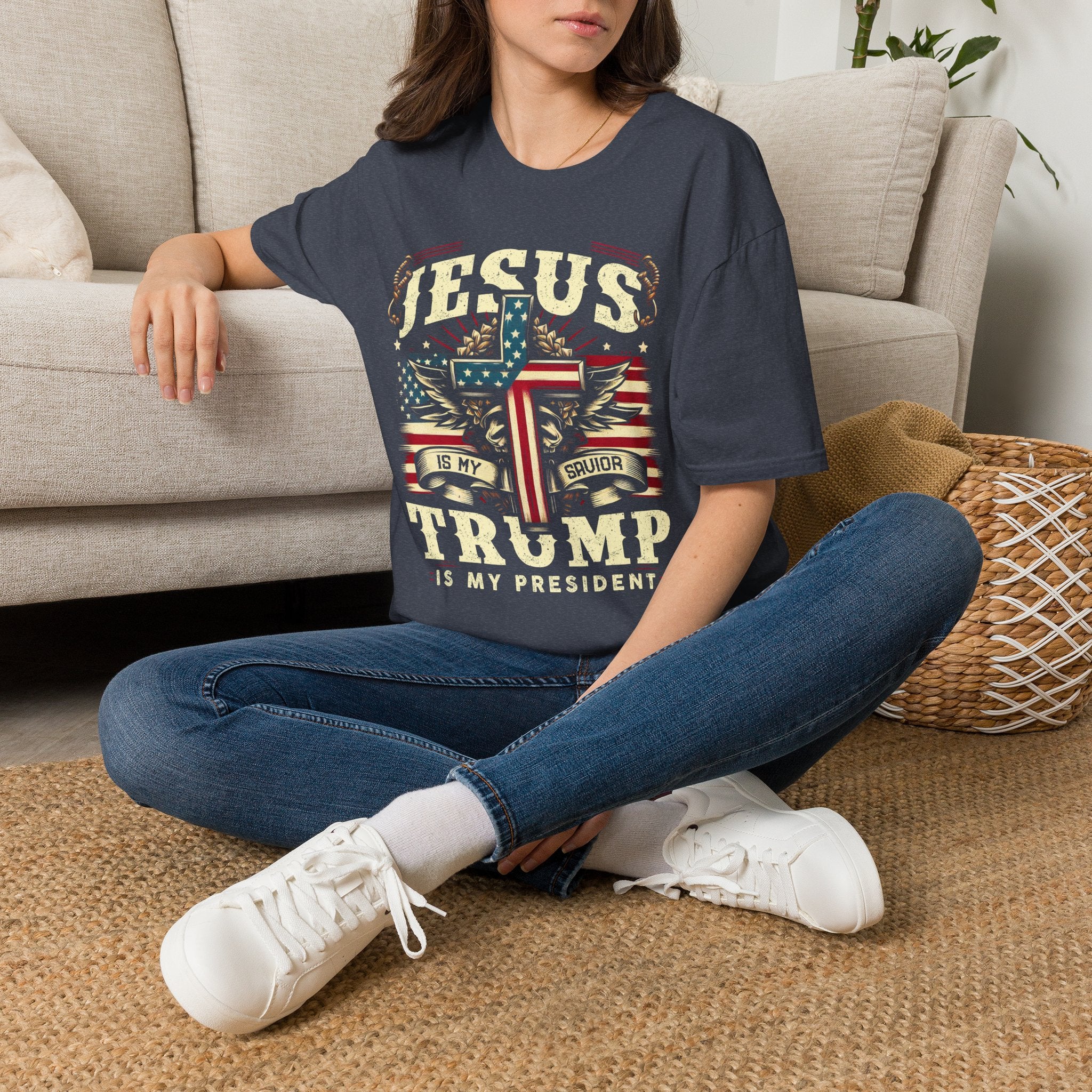 Jesus Cross Flag T-Shirt — "Jesus Is My Savior, Trump Is My President" Patriotic Christian Tee