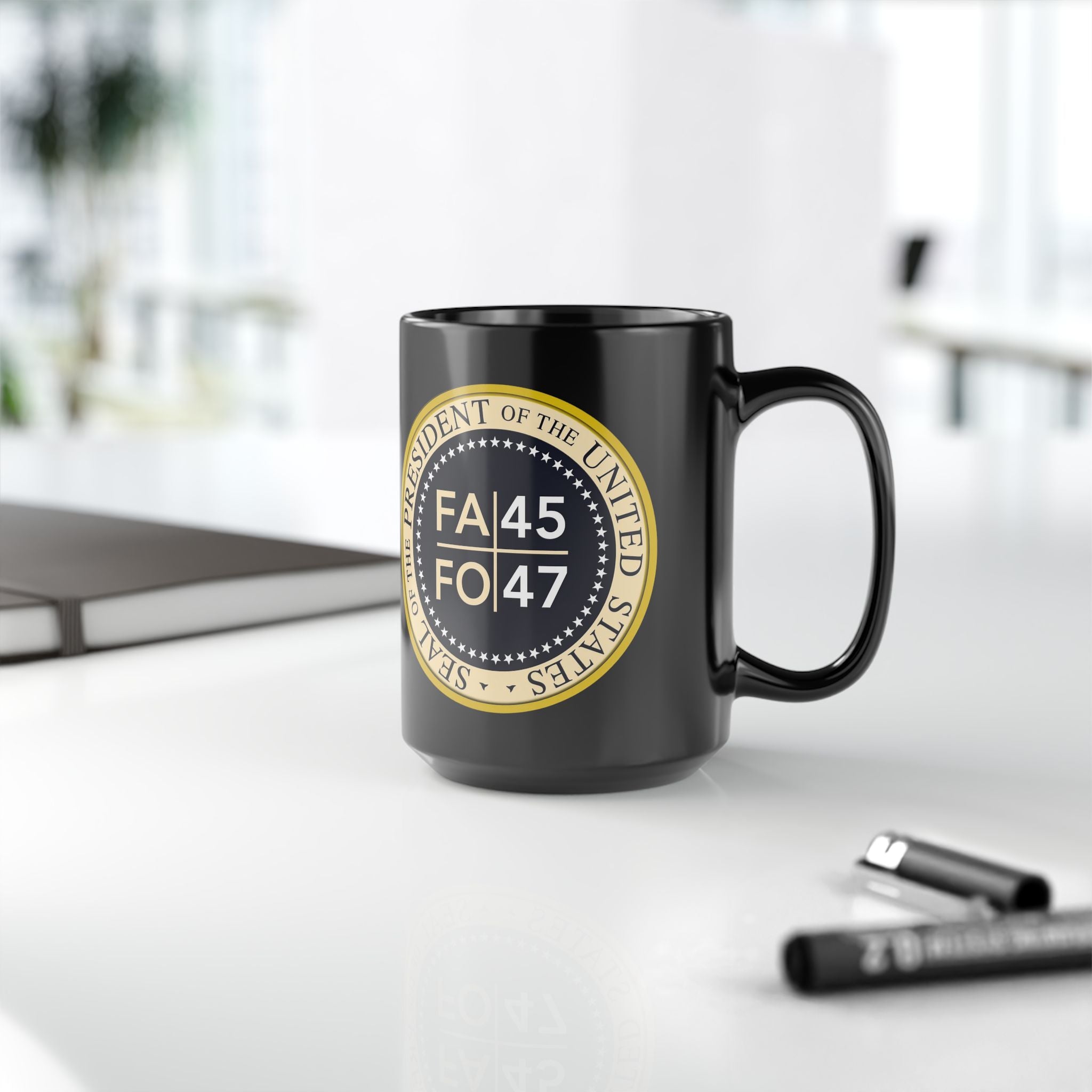 FA/FO 45/47 Presidential Seal Black Coffee Mug – Political Humor Gift