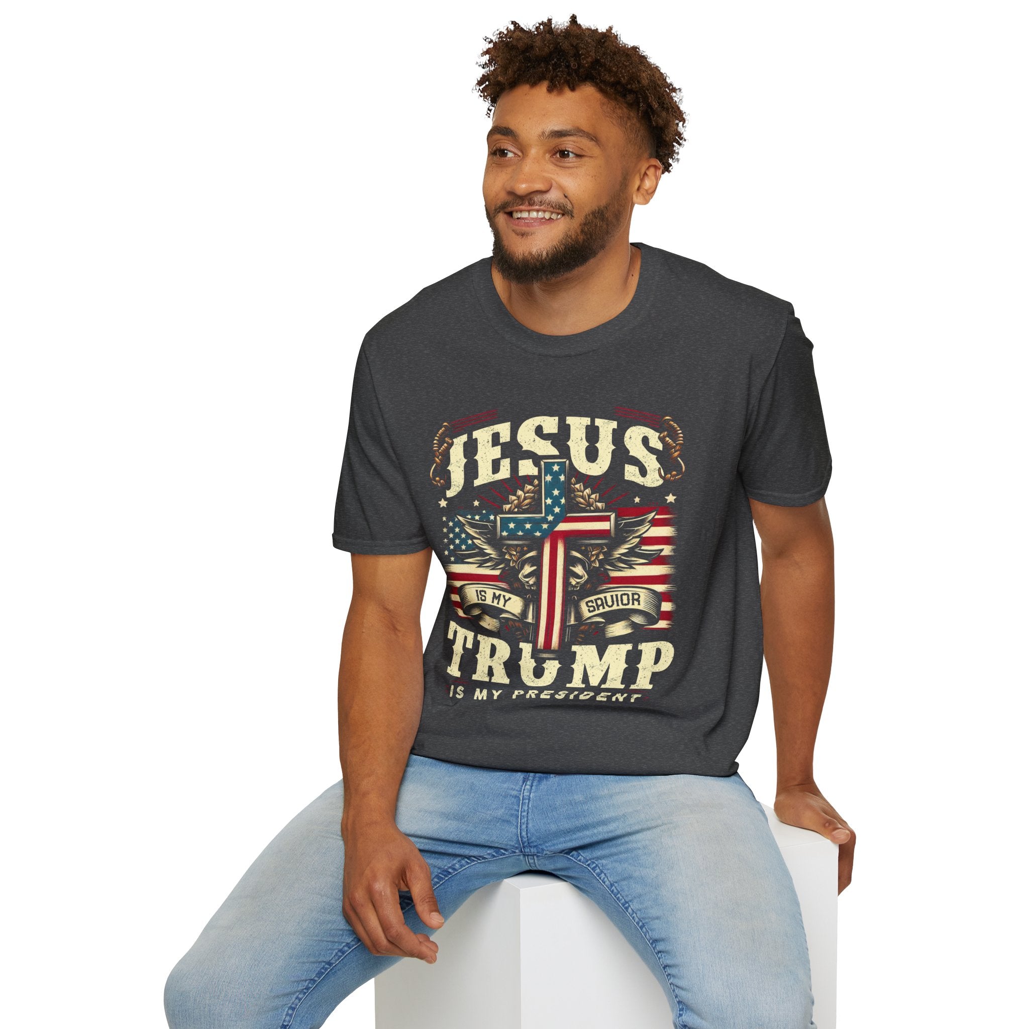 Jesus Cross Flag T-Shirt — "Jesus Is My Savior, Trump Is My President" Patriotic Christian Tee