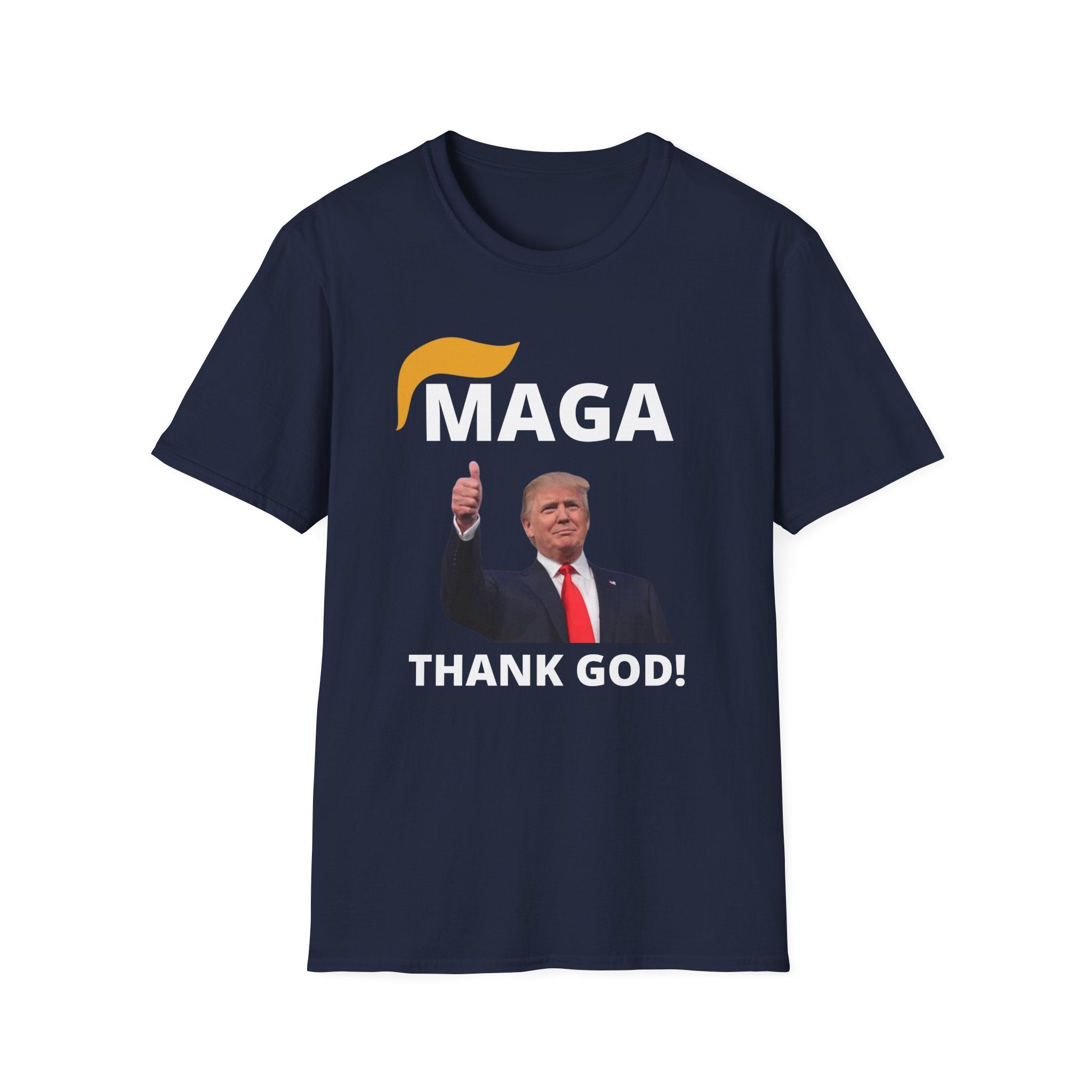 MAGA Thank GOD Unisex Softstyle T-Shirt, Men Women Graphic Tee, Conservative Trump Supporter Apparel, Patriotic Political Shirt, American