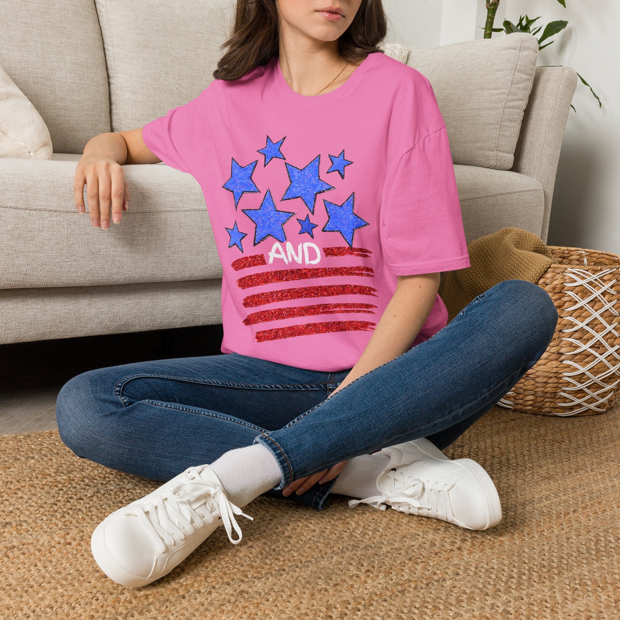 Patriotic Blue Stars Red Strips Graphic Tee (Fourth of July, Americana) T-Shirt