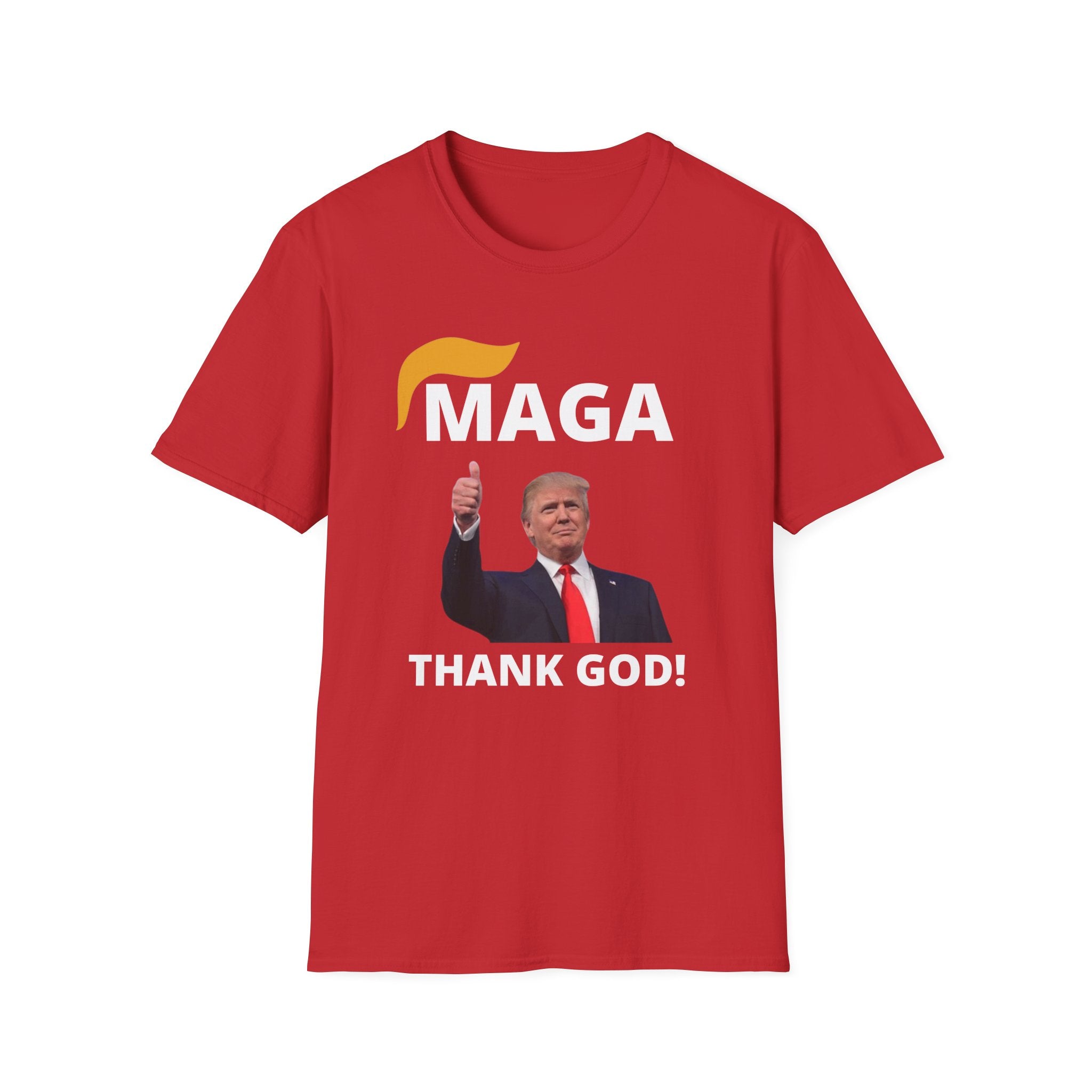 MAGA Thank GOD Unisex Softstyle T-Shirt, Men Women Graphic Tee, Conservative Trump Supporter Apparel, Patriotic Political Shirt, American