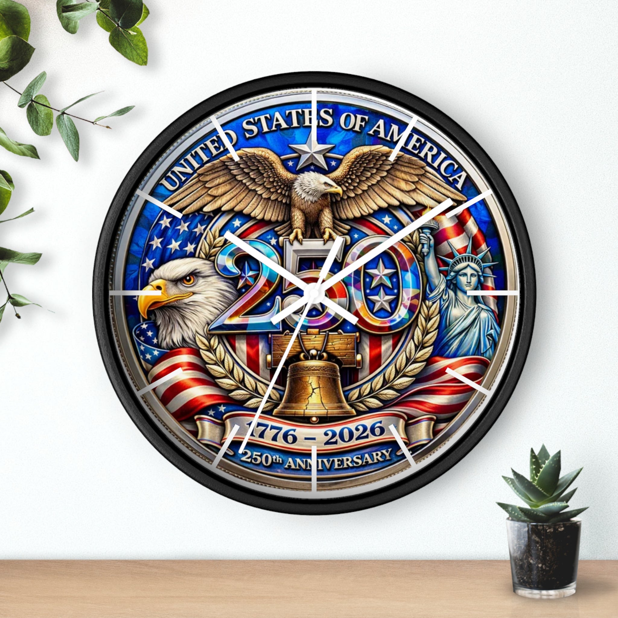 250th Anniversary USA Emblem Wall Clock | Eagle, Liberty Bell, Stars & Stripes
