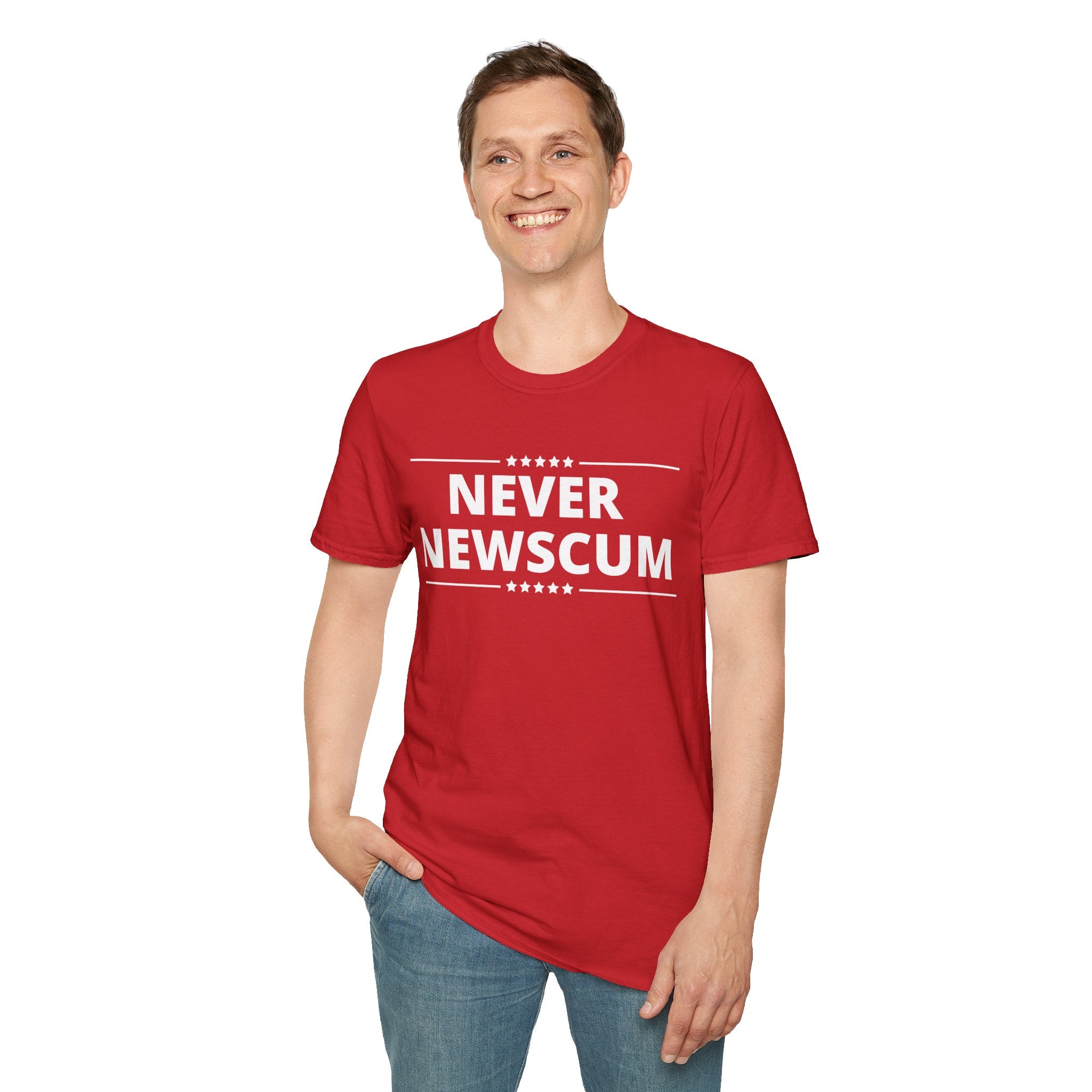 Never NewScum Mens Womans Softstyle T-Shirt, Funny Graphic Tee, Statement Shirt, Casual Wear, Gift for Friends, Political NeverNewScum.com