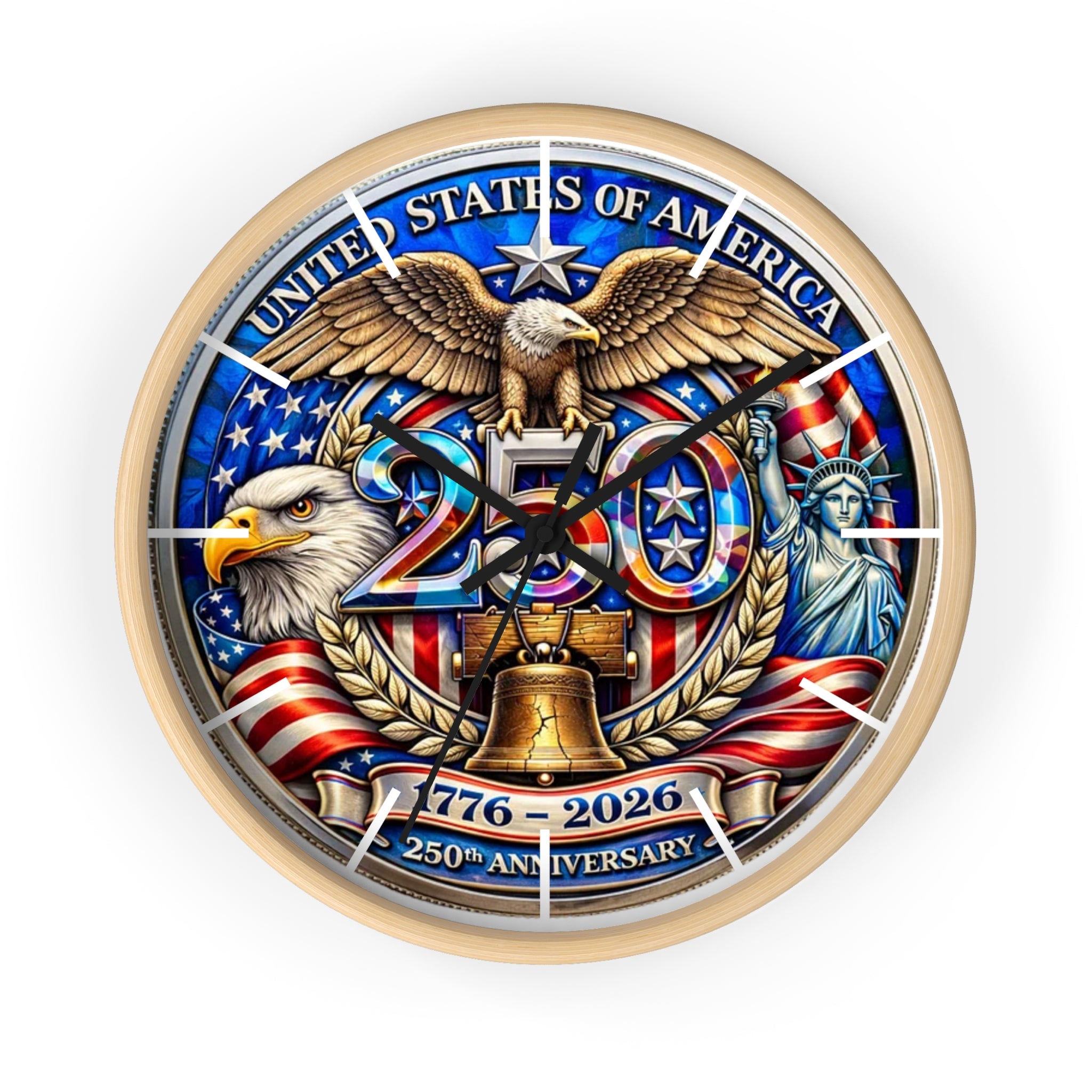250th Anniversary USA Emblem Wall Clock | Eagle, Liberty Bell, Stars & Stripes