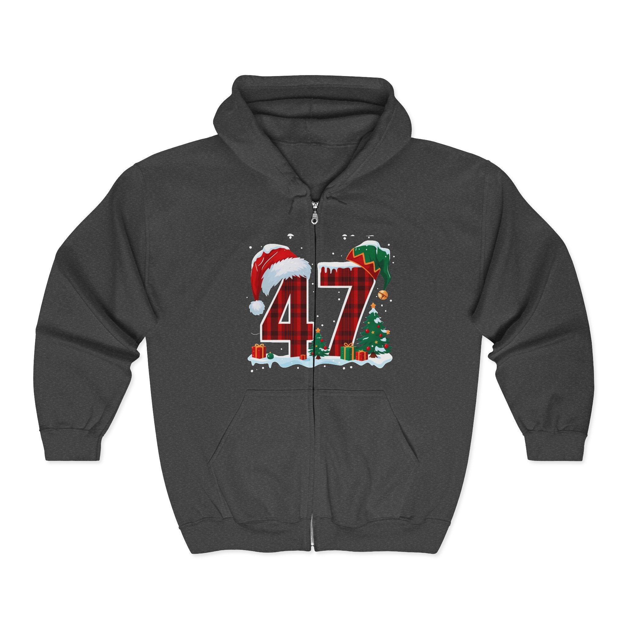 Trump 47 Christmas Zip Hoodie | Holiday Santa Hat & Elf Hat Design