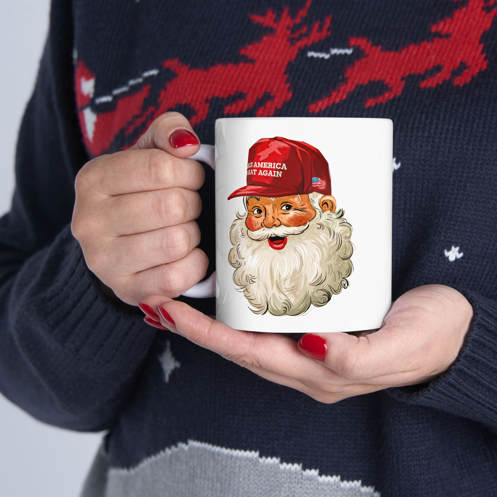 Santa Face MAGA Christmas Hat Mug | Ceramic Coffee Cup 11oz 15oz