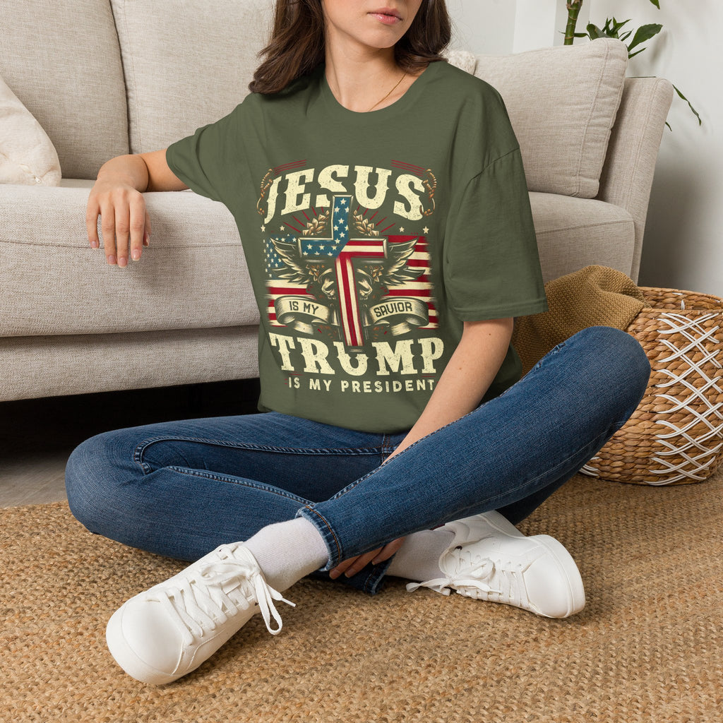 Jesus Cross Flag T-Shirt — "Jesus Is My Savior, Trump Is My President" Patriotic Christian Tee