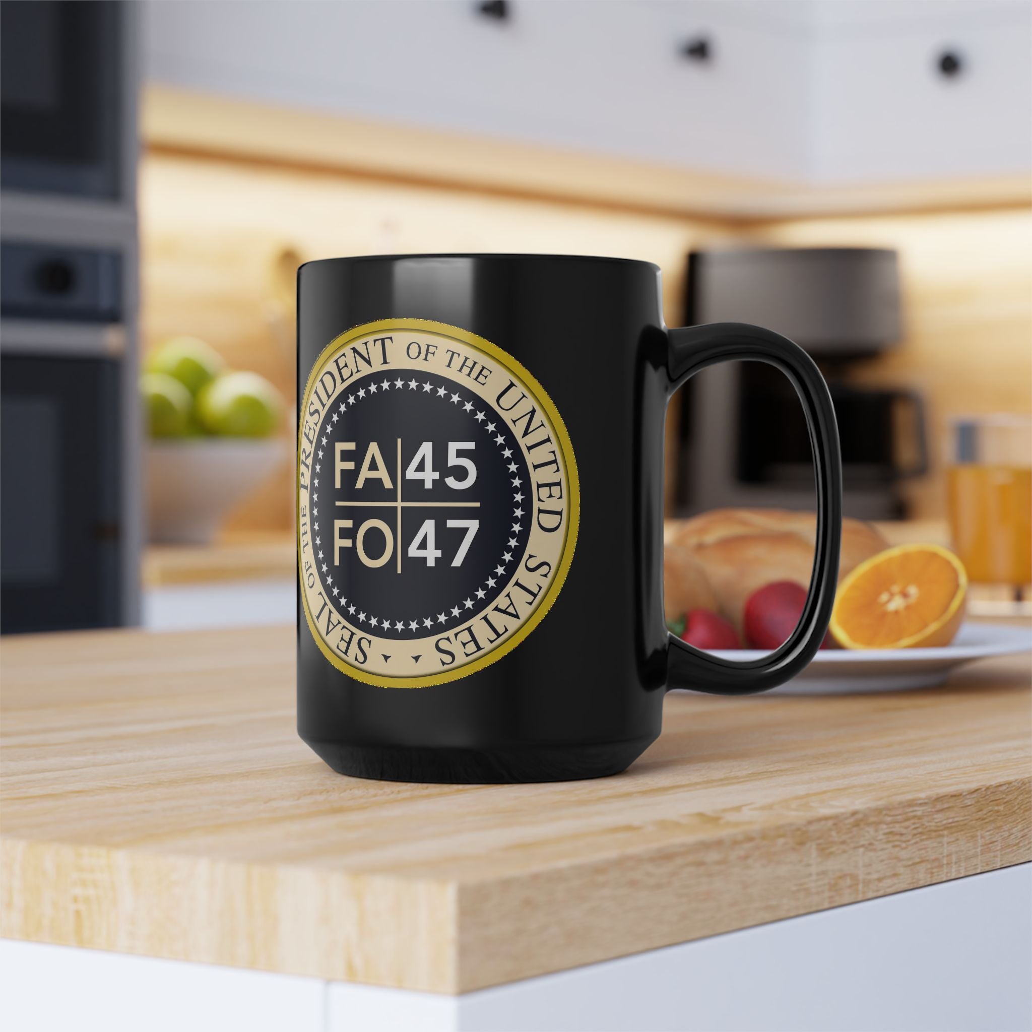 FA/FO 45/47 Presidential Seal Black Coffee Mug – Political Humor Gift