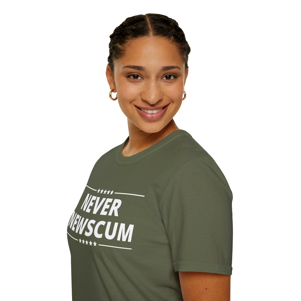 Never NewScum Mens Womans Softstyle T-Shirt, Funny Graphic Tee, Statement Shirt, Casual Wear, Gift for Friends, Political NeverNewScum.com