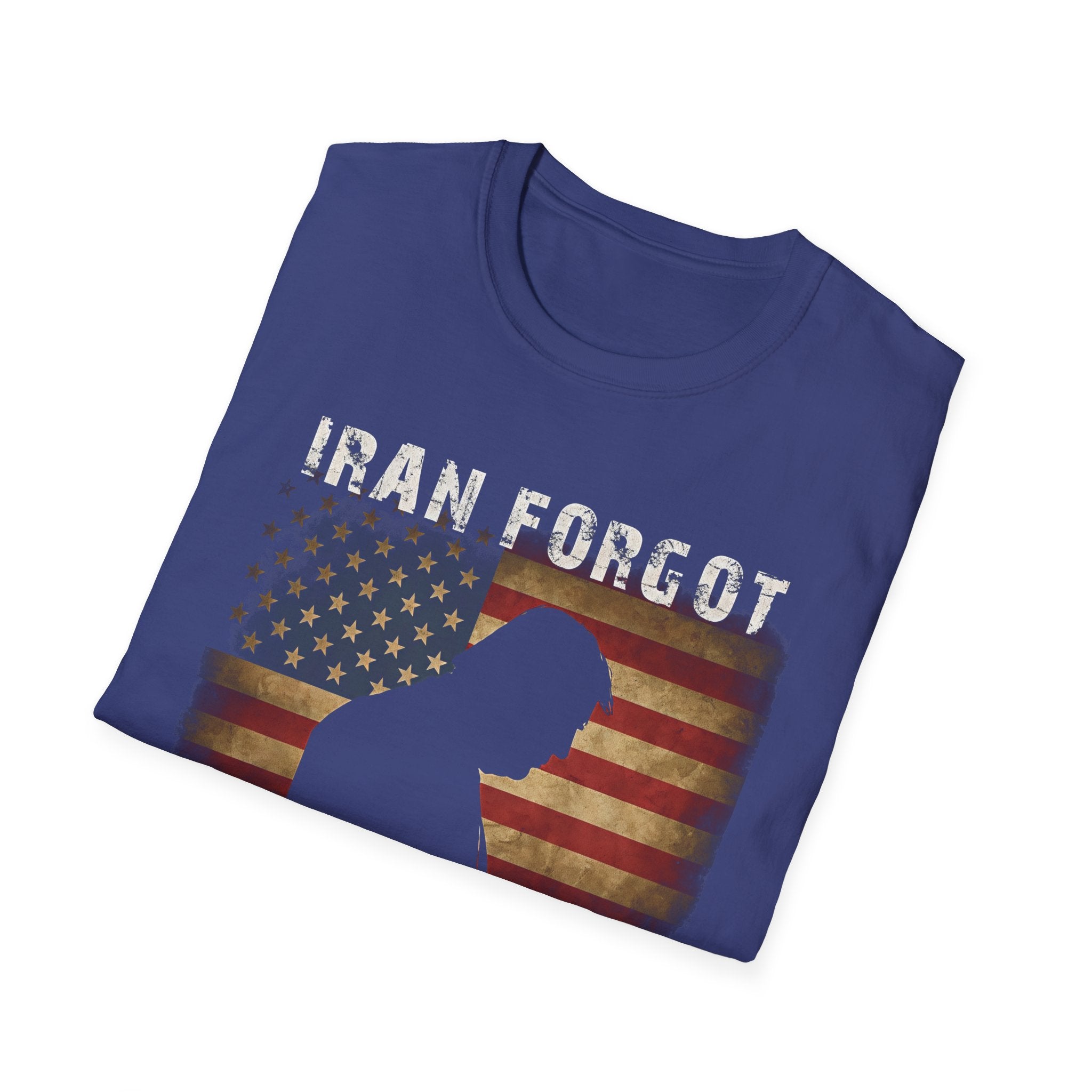 Iran Forgot our President has 34 felonies silhouette with American flag T-Shirt | Political satire tee