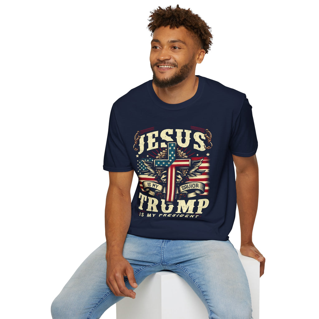 Jesus Cross Flag T-Shirt — "Jesus Is My Savior, Trump Is My President" Patriotic Christian Tee