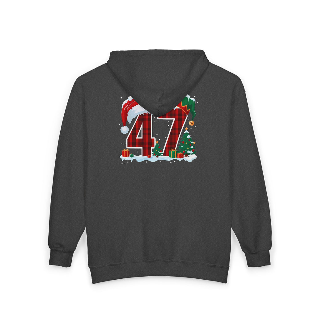 Trump 47 Christmas Zip Hoodie | Holiday Santa Hat & Elf Hat Design