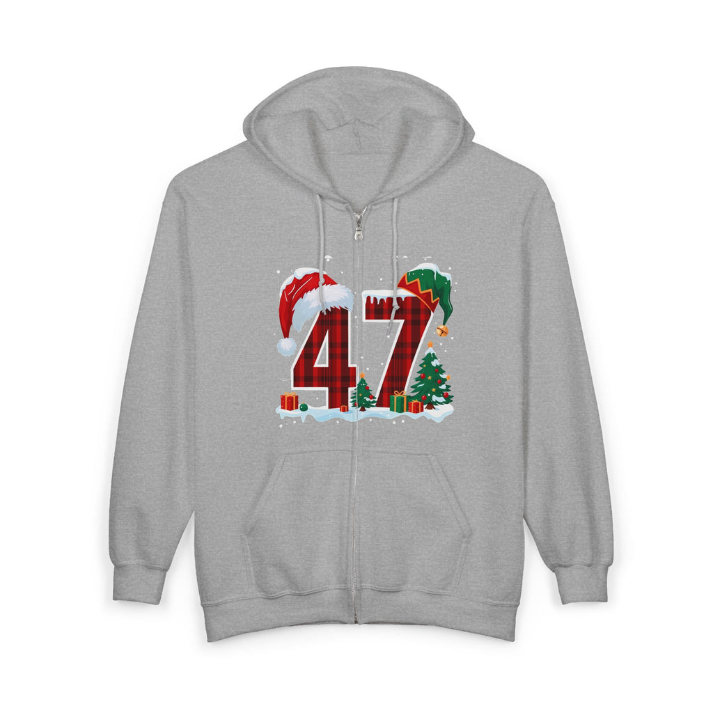 Trump 47 Christmas Zip Hoodie | Holiday Santa Hat & Elf Hat Design