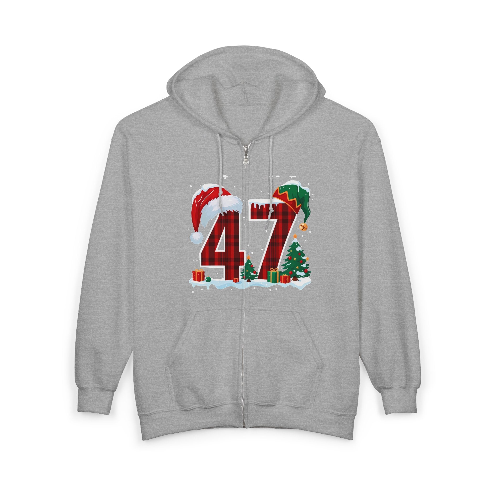 Trump 47 Christmas Zip Hoodie | Holiday Santa Hat & Elf Hat Design