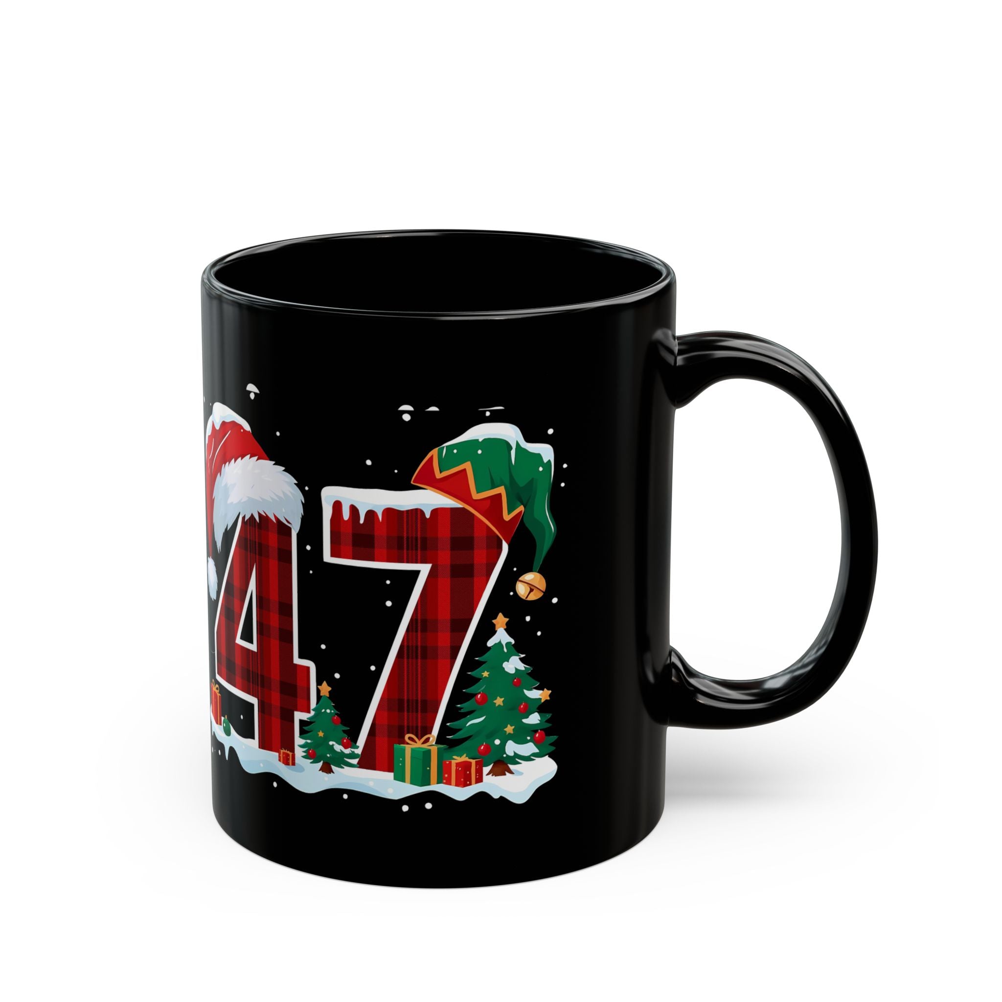 Trump 47 Christmas Holiday Milo Plaid Santa Hat Mug | Black Ceramic