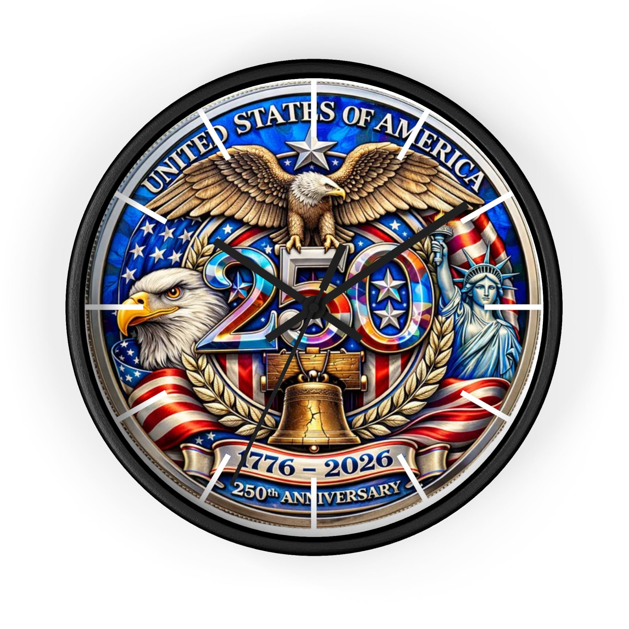 250th Anniversary USA Emblem Wall Clock | Eagle, Liberty Bell, Stars & Stripes