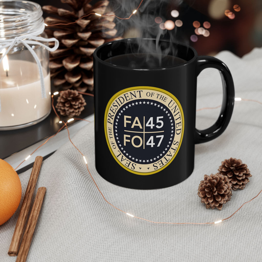 FA/FO 45/47 Presidential Seal Black Coffee Mug – Political Humor Gift
