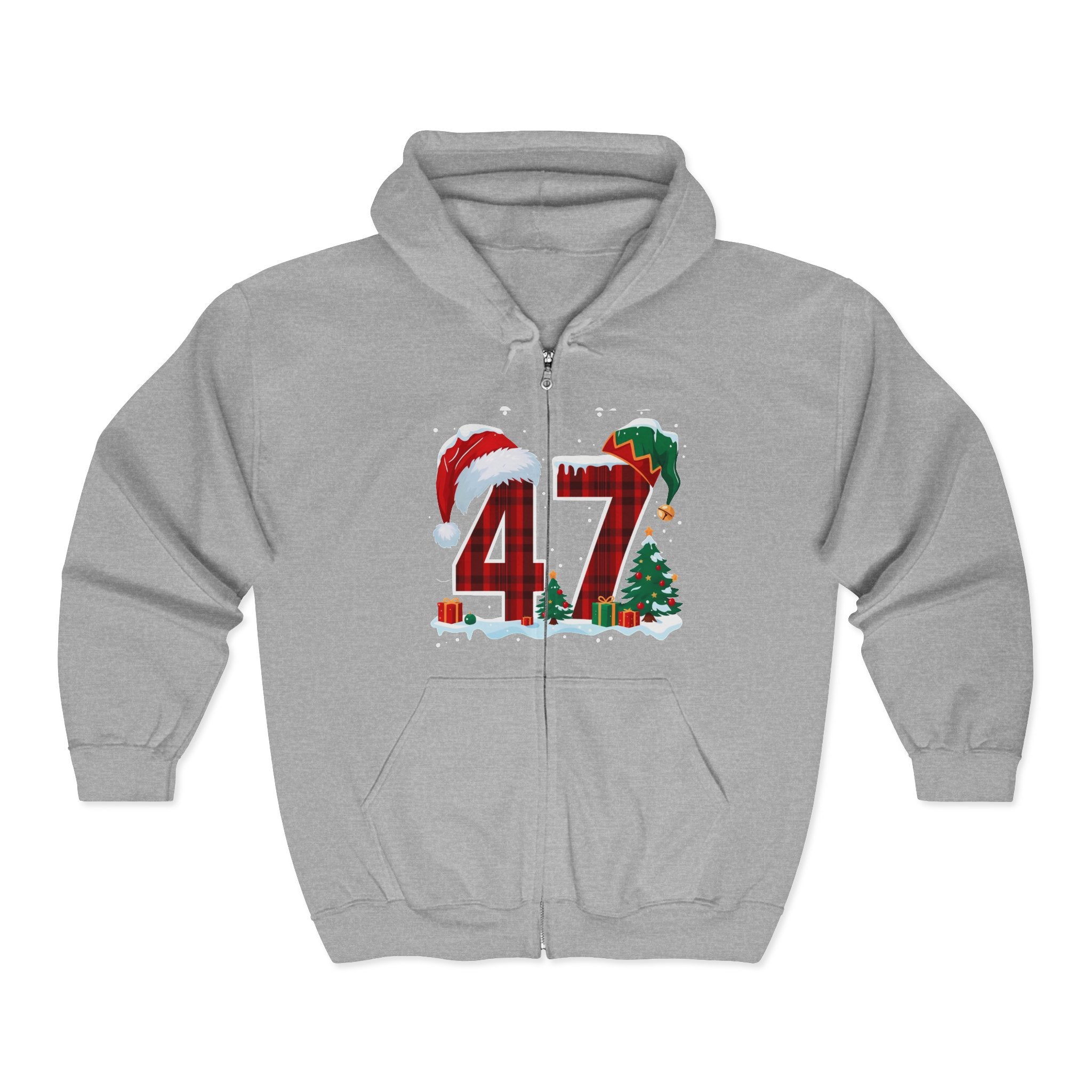 Trump 47 Christmas Zip Hoodie | Holiday Santa Hat & Elf Hat Design