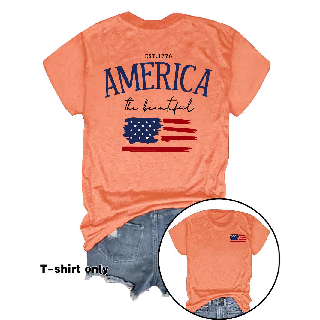 AMERICA Printed Round Neck Loose Short Sleeve