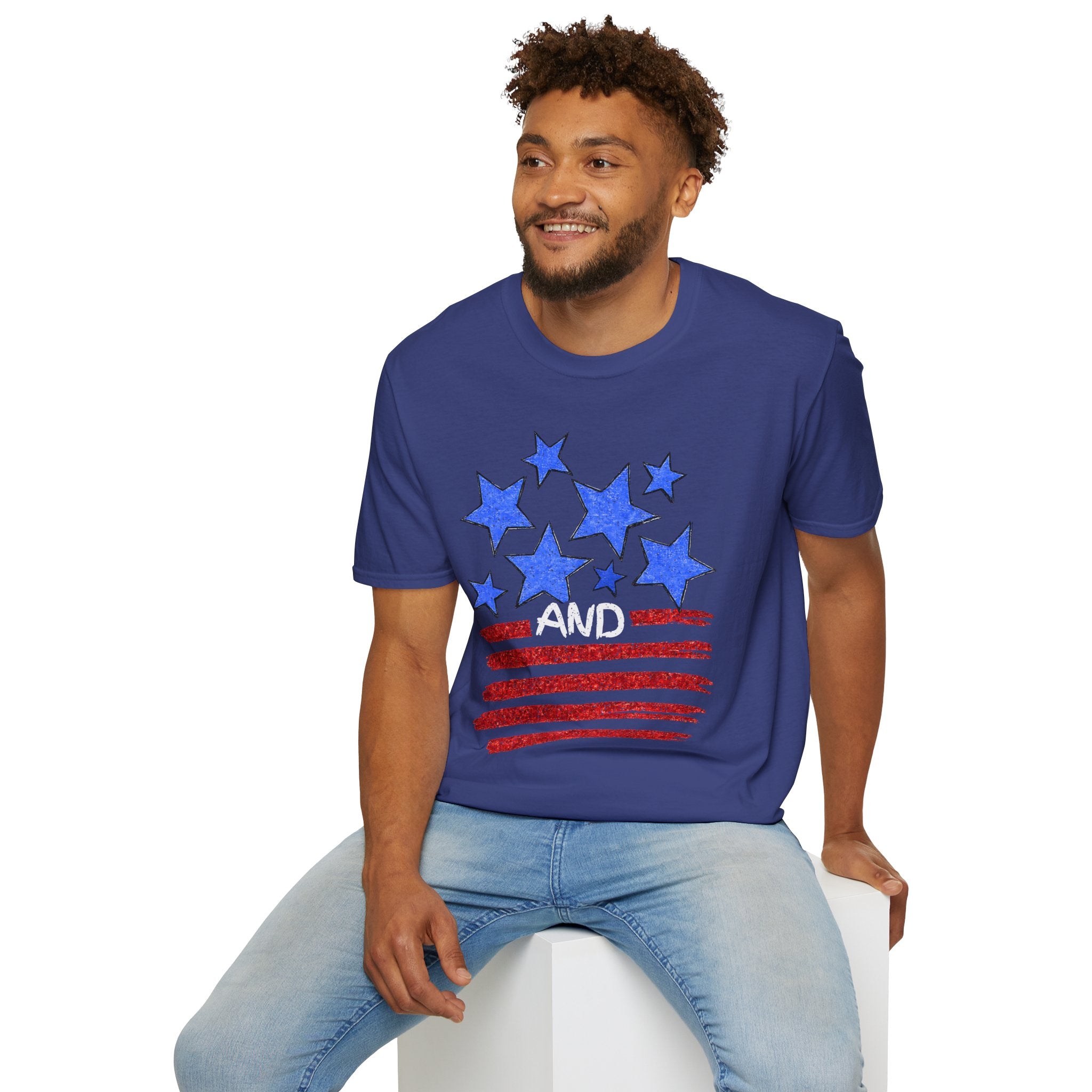 Patriotic Blue Stars Red Strips Graphic Tee (Fourth of July, Americana) T-Shirt