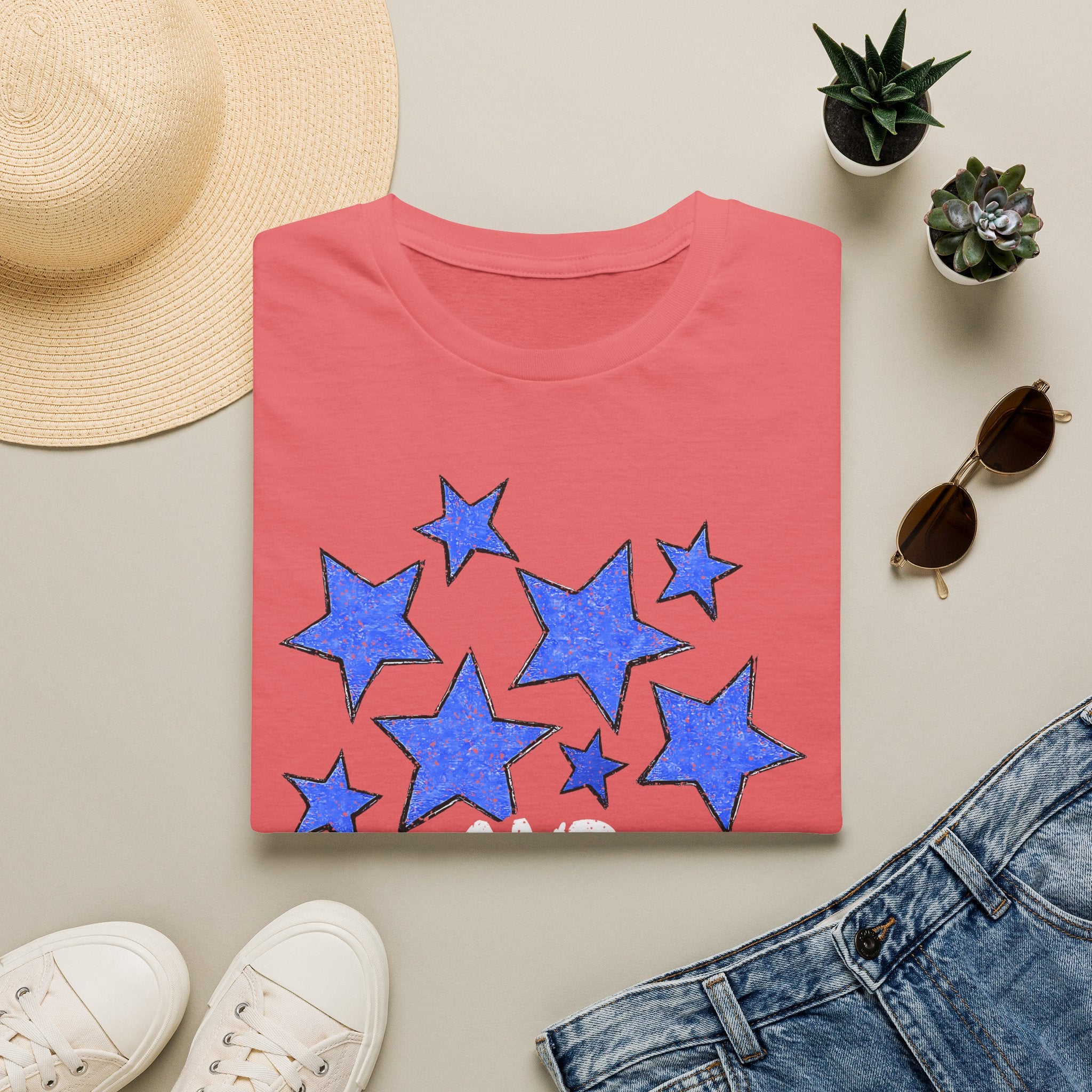 Patriotic Blue Stars Red Strips Graphic Tee (Fourth of July, Americana) T-Shirt