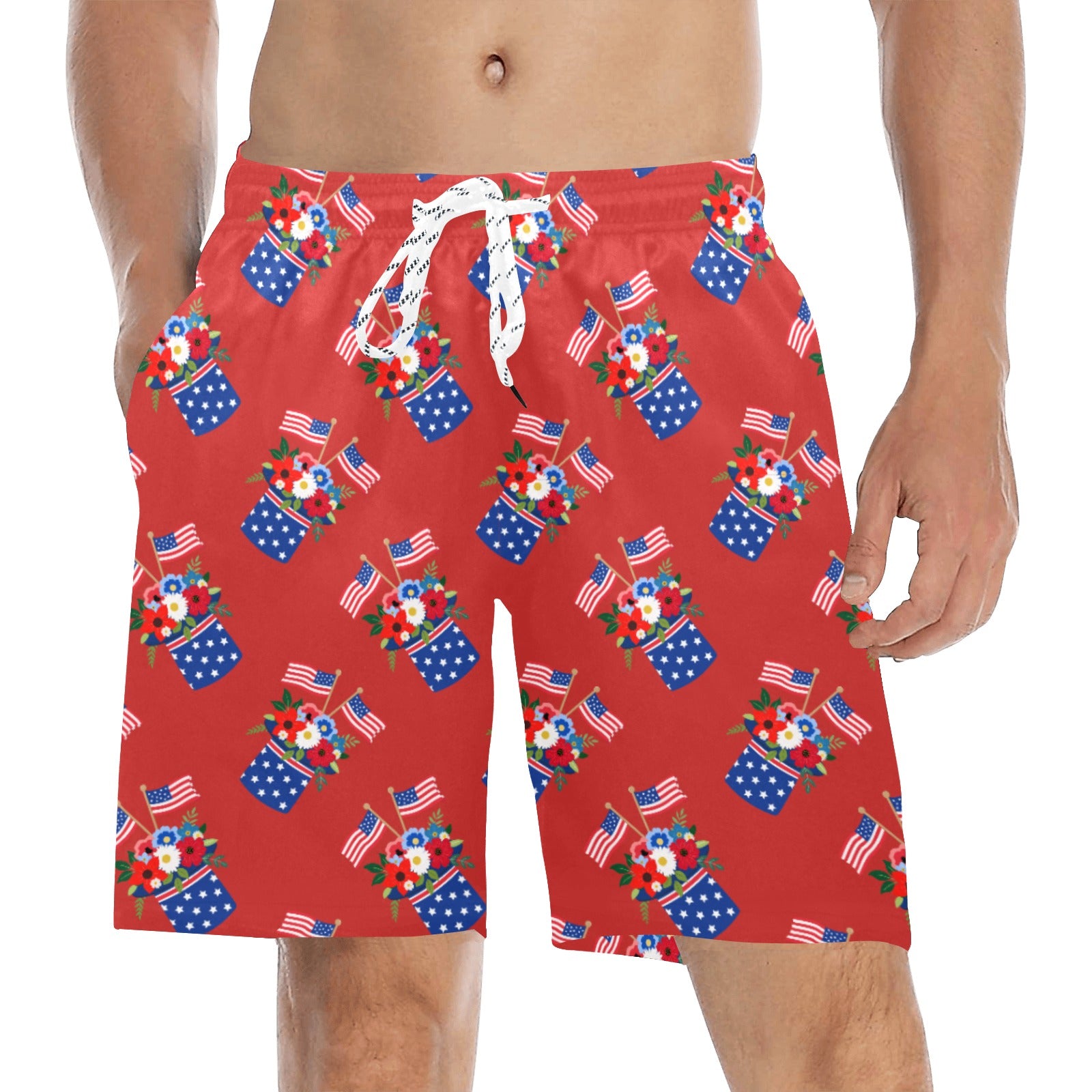 Red White and Blue Celebration Men's Mid-Length Beach Shorts Free Shipping USA