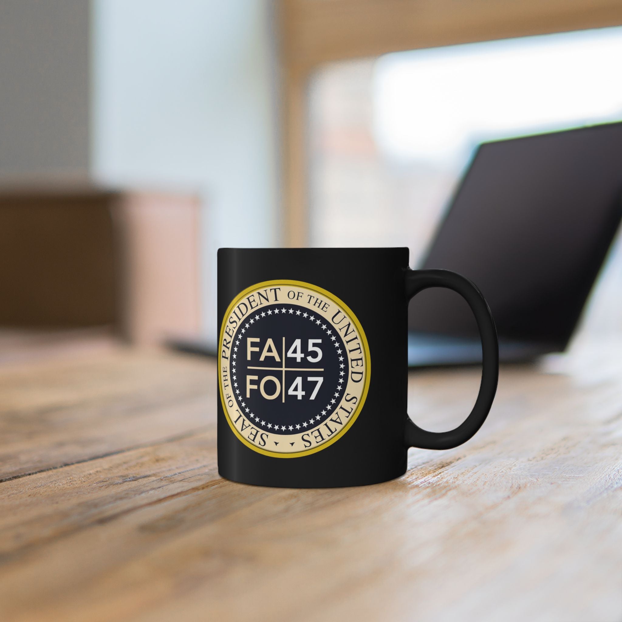 FA/FO 45/47 Presidential Seal Black Coffee Mug – Political Humor Gift