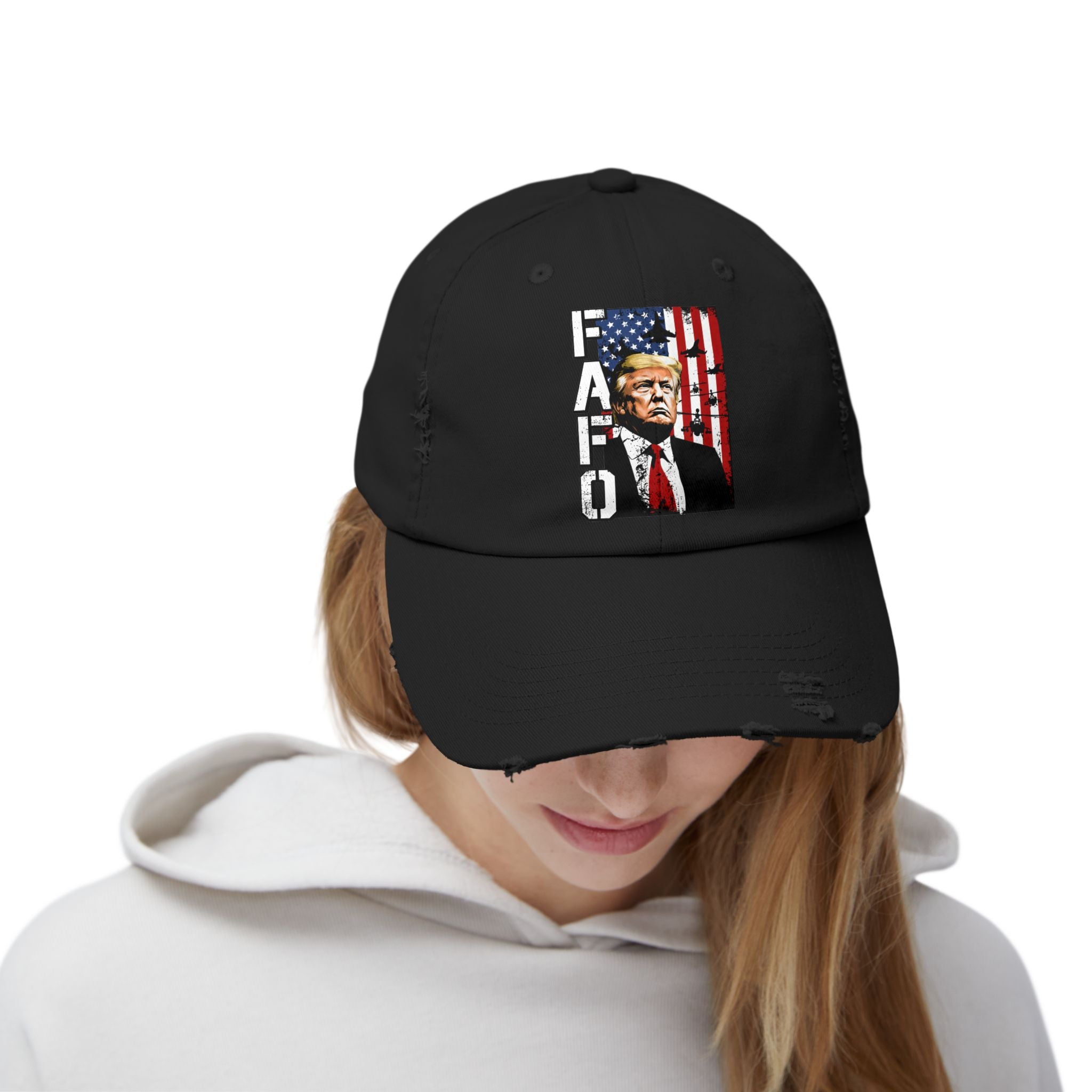 FAFO Portrait Cap | Distressed Black Hat, American Flag Design
