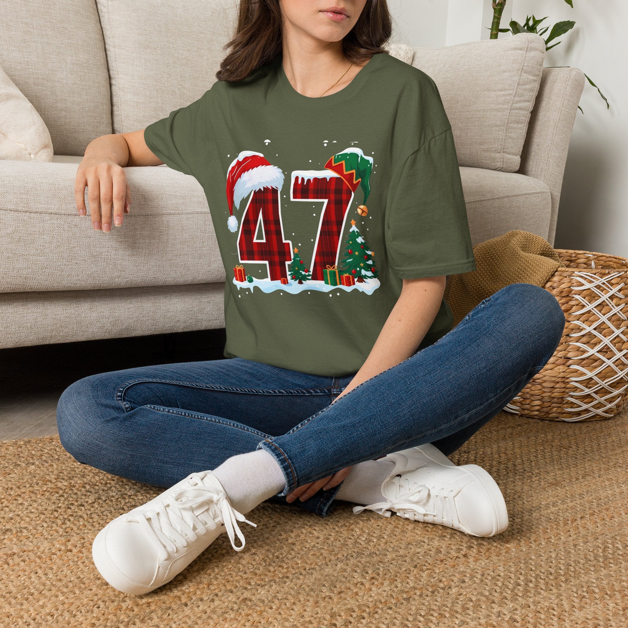 Trump 47 Christmas T-Shirt | Santa Hat, Elf Hat, Holiday Tree Design