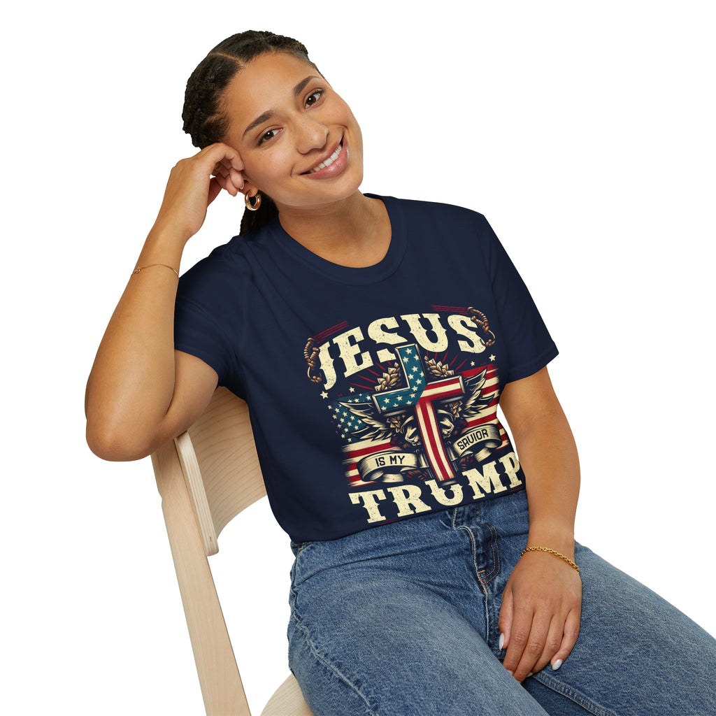 Jesus Cross Flag T-Shirt — "Jesus Is My Savior, Trump Is My President" Patriotic Christian Tee