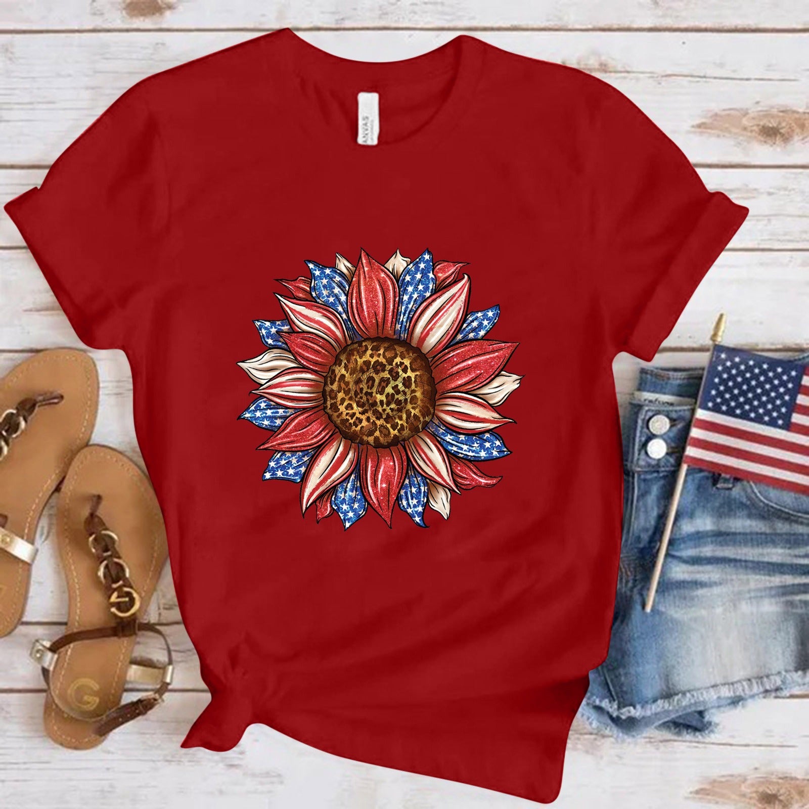 Independence Day Sunflower Print USA July 4th Fashion Short Sleeve T-shirt Unisex