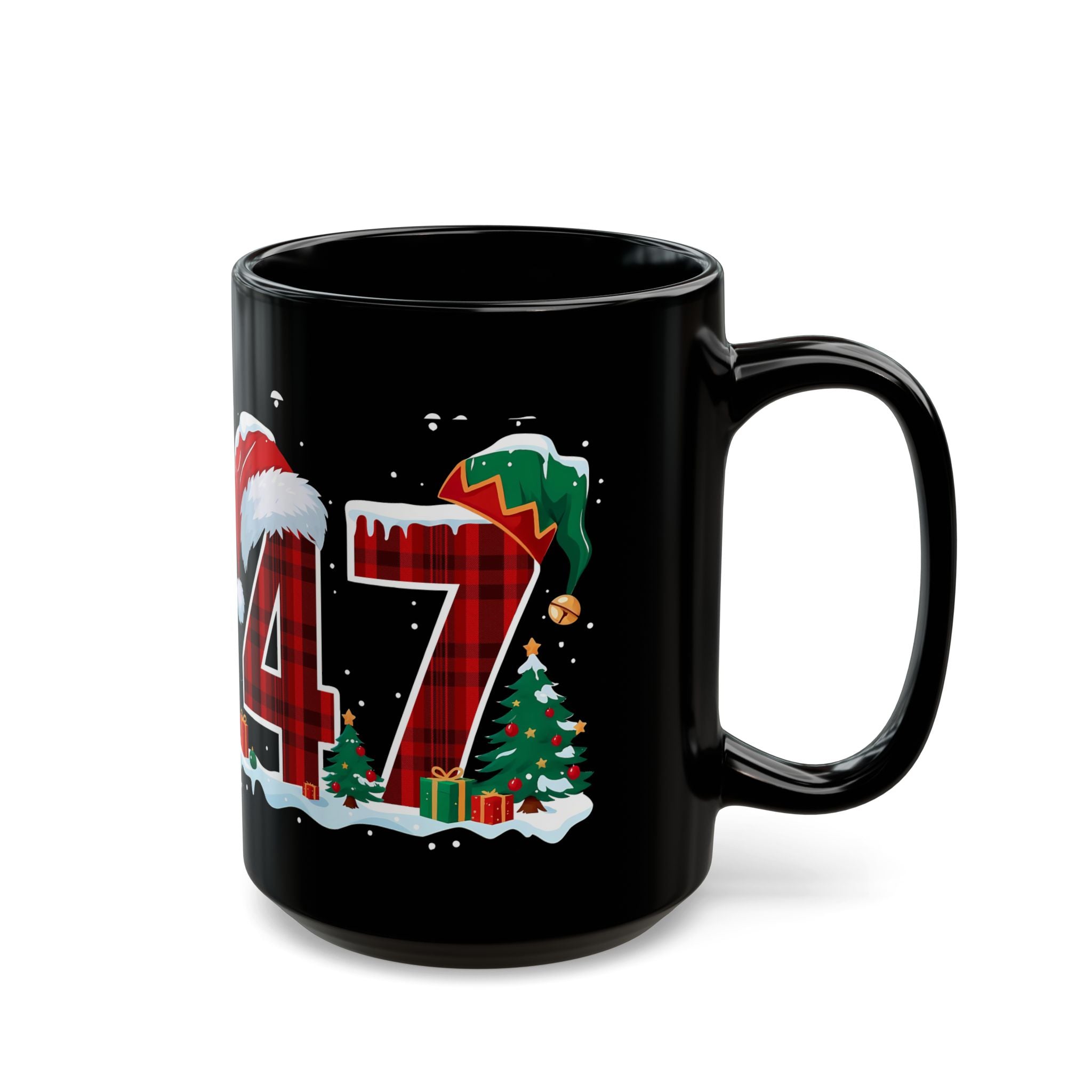 Trump 47 Christmas Holiday Milo Plaid Santa Hat Mug | Black Ceramic