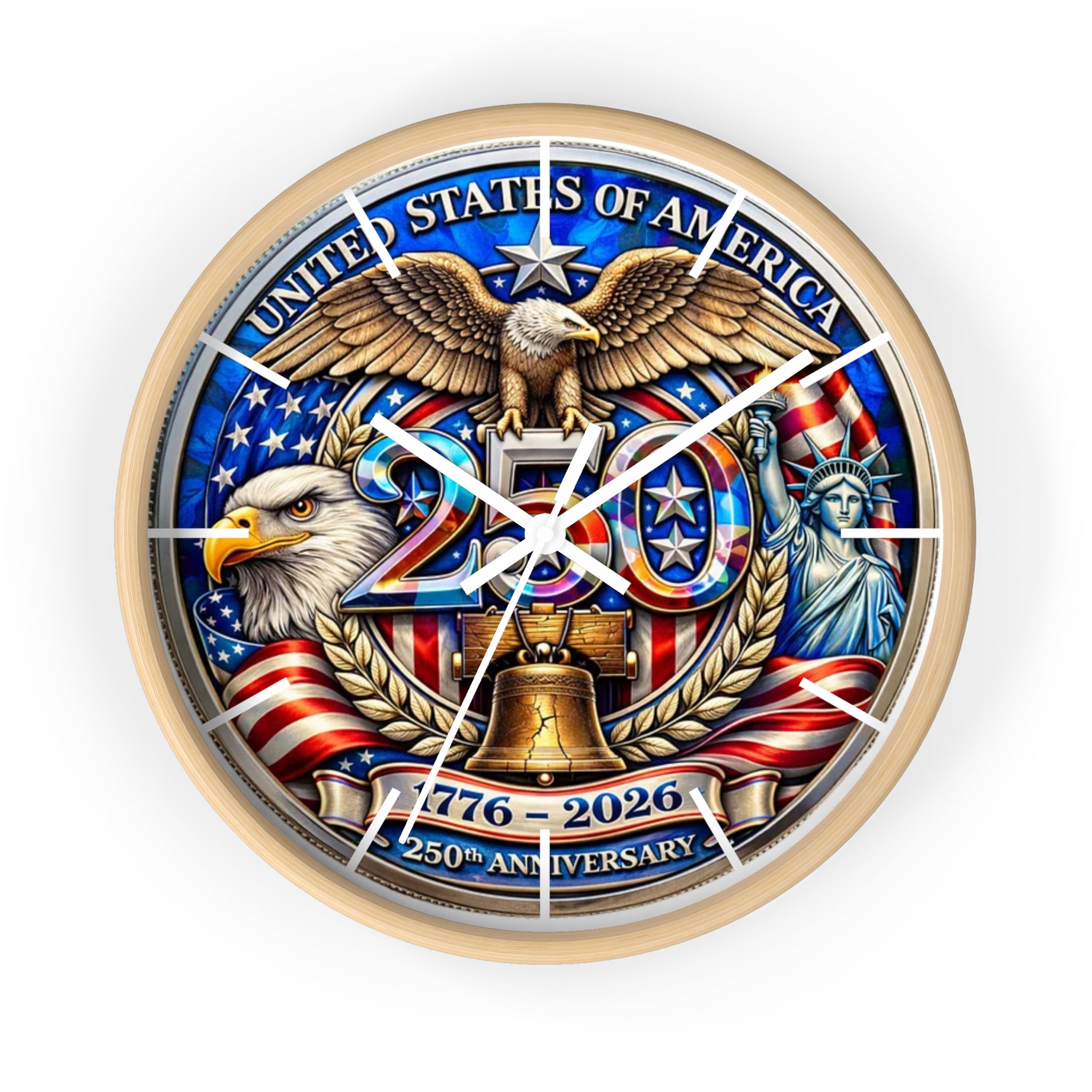 250th Anniversary USA Emblem Wall Clock | Eagle, Liberty Bell, Stars & Stripes
