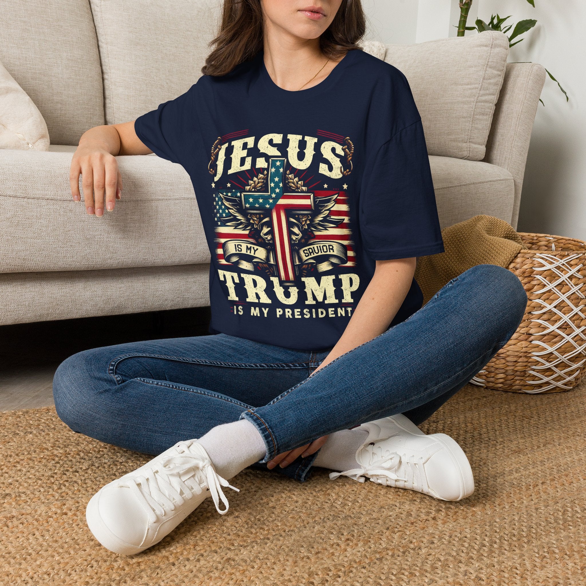 Jesus Cross Flag T-Shirt — "Jesus Is My Savior, Trump Is My President" Patriotic Christian Tee