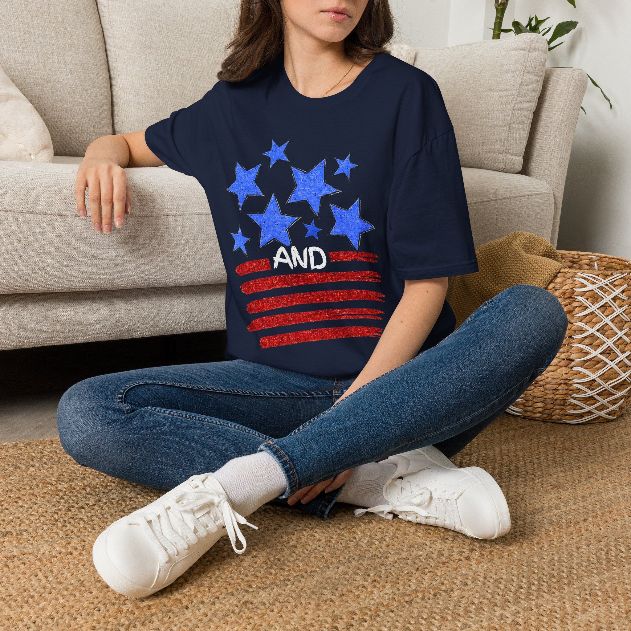 Patriotic Blue Stars Red Strips Graphic Tee (Fourth of July, Americana) T-Shirt