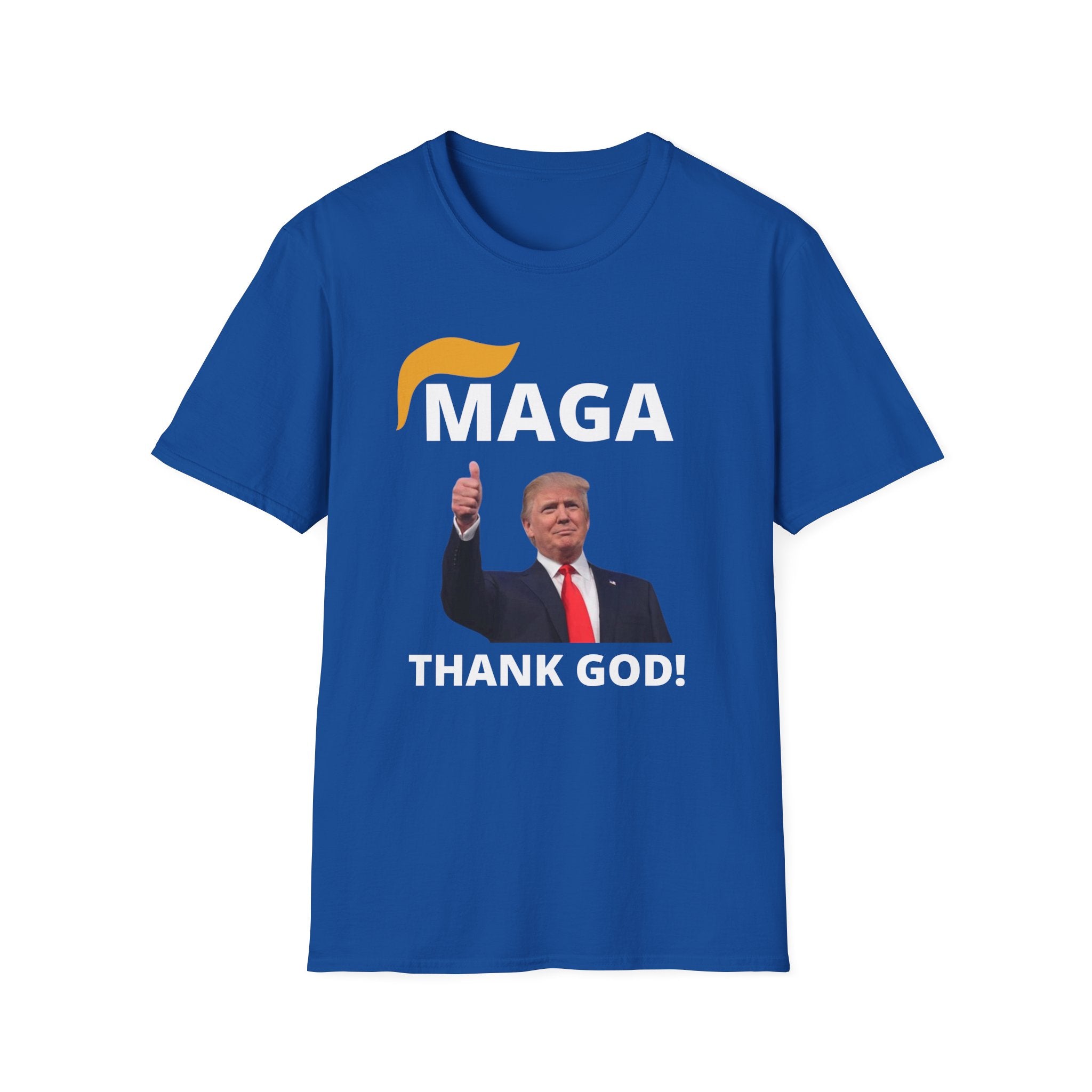MAGA Thank GOD Unisex Softstyle T-Shirt, Men Women Graphic Tee, Conservative Trump Supporter Apparel, Patriotic Political Shirt, American